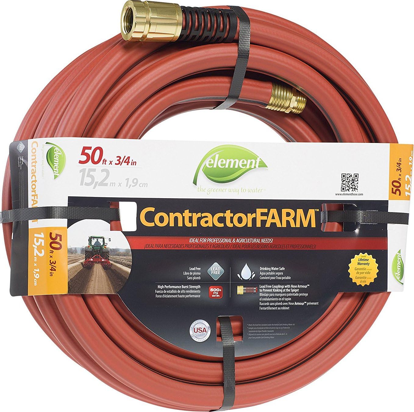 Element ContractorFARM Heavy Duty Watering Hose, 100' Length, 3/4" Diameter, 400+ PSI, Red