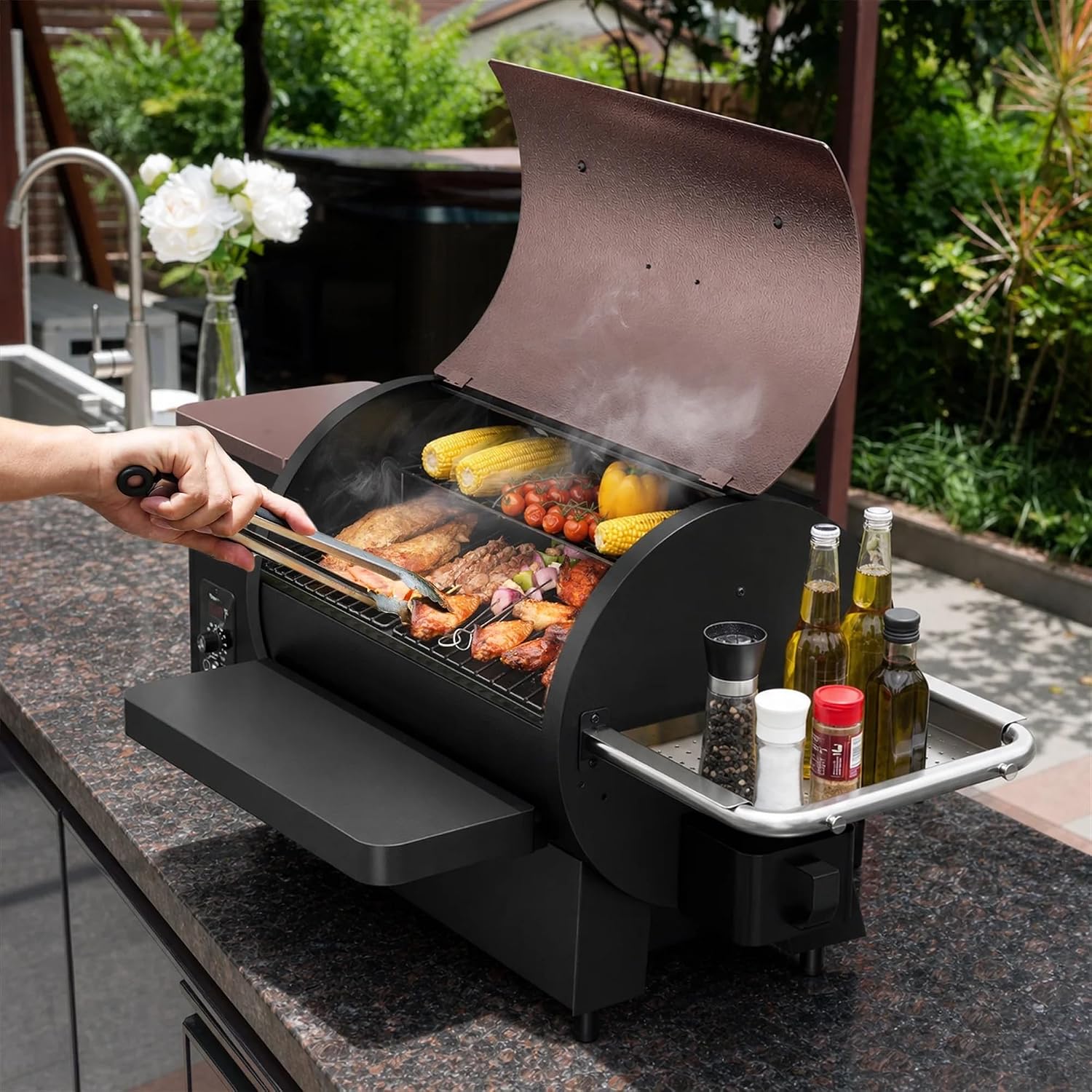 KingChii Electric Wood Pellet Grill & Smoker with Side Shelf, 456 SQ.IN Grill Capacity, with PID Temperature Control (180-425°F) for Backyard Camping Bake and Roast, Black