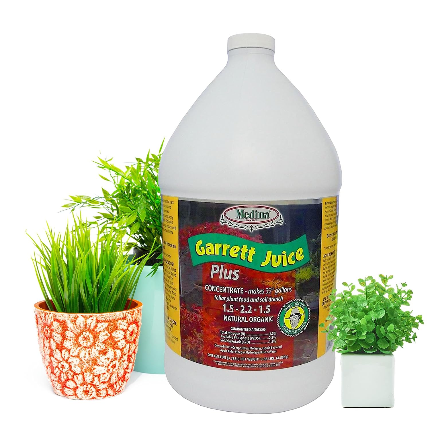 Medina Garrett Juice Plus Liquid Fertilizer, Houseplants & Garden - 1 Qt | Foliar Spray & Soil Drench | Vegetables, Flowers, Lawns & Trees | Seaweed & Fish Hydrolysate | Feed Every 1-2 Weeks