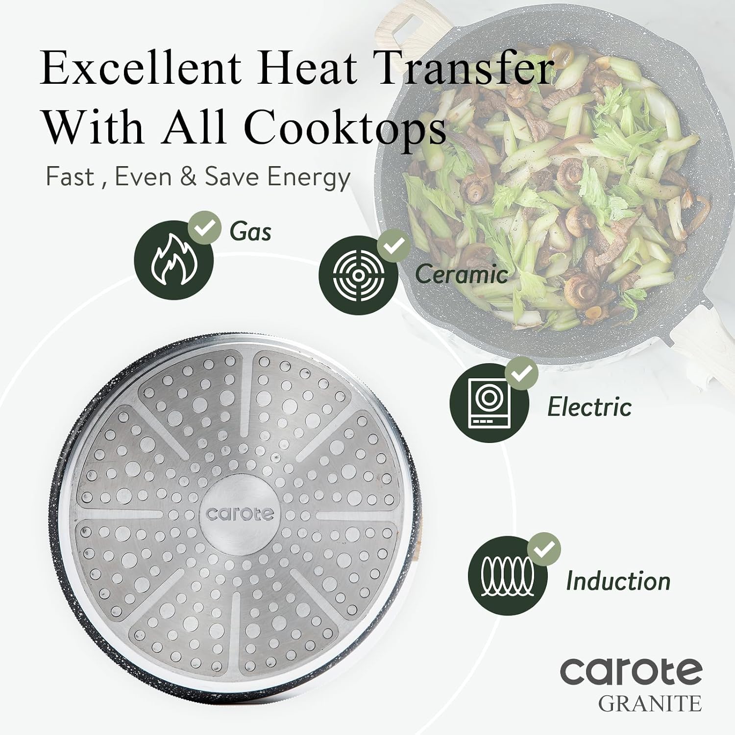 CAROTE 12 Inch Nonstick Deep Frying Pan with Lid, 5.5 Qt Black Granite | Kitchen Non-Toxic PFOA Free Cookware, Covered Sauté Pans All Stovetops Compatible, Easy to Clean