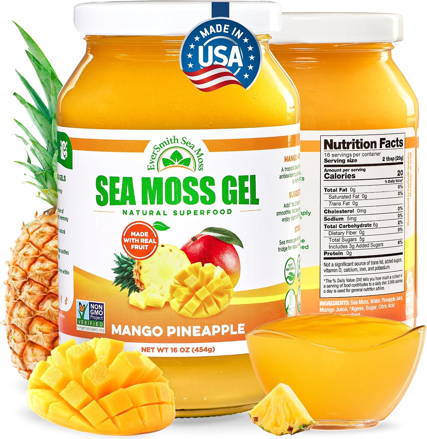 EverSmith Organics Wildcrafted Irish Sea Moss Gel, Mango Pineapple, 1 Jar