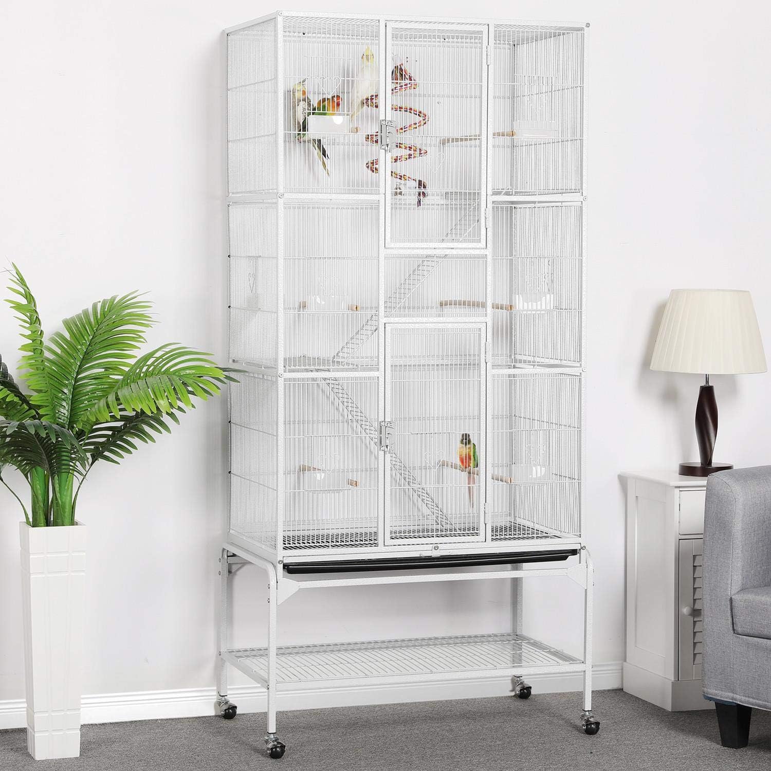 Yaheetech 69" Large Bird Cage for Parakeets, Budgies, 3-Tier Flight Cage | Detachable Rolling Stand, Easy Cleaning Slide-out Tray, Multi-door Access, 0.4'' Bar Spacing, Free Accessories