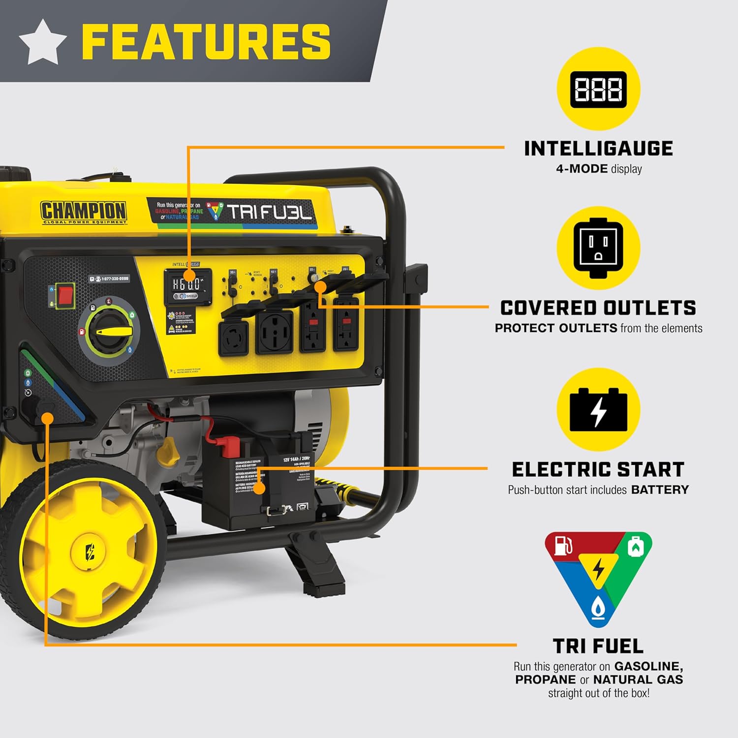 Champion Power Equipment 12,500-Watt Electric Start Tri Fuel Home Backup Portable Generator with Free 3-Year Warranty