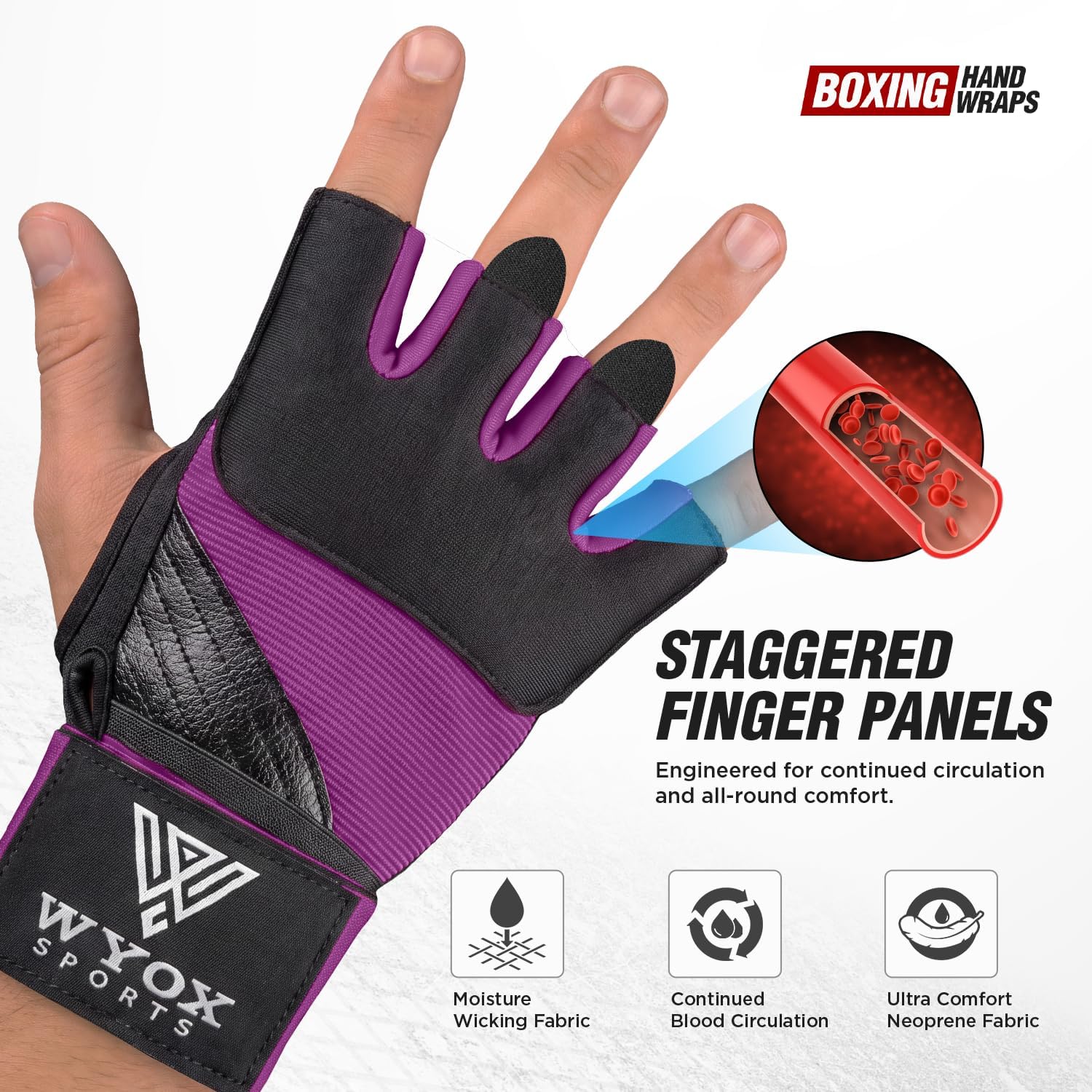 WYOX Neoprene Gel Boxing Hand Wraps Inner Gloves for Men & Women – 80cm/31in Quick Wrist Strap, Padded Knuckle Protection