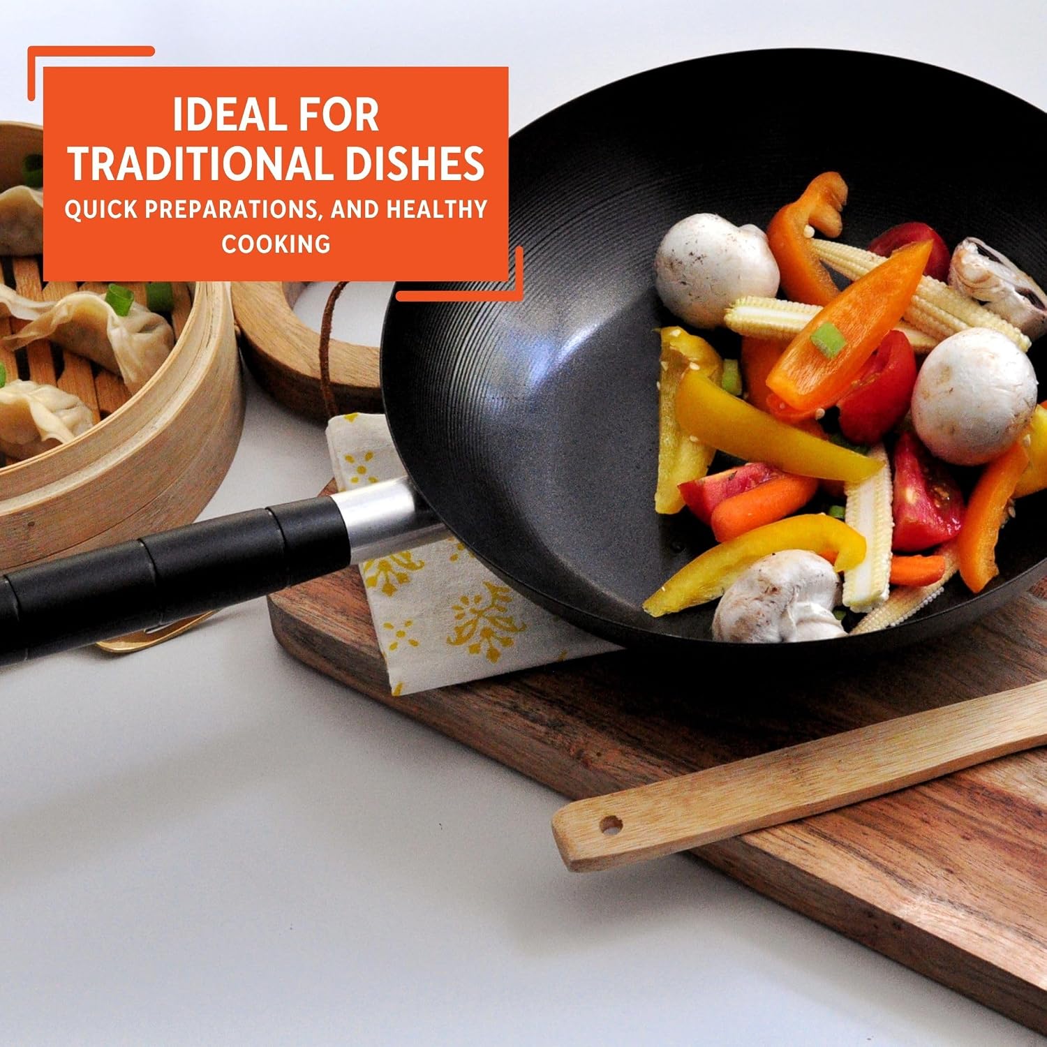IMUSA 9.5 Inch Carbon Steel Nonstick Wok with Cool-touch Handle, Black | Cool-Touch Handle, Ideal for Stir Fry, Great for Everyday Meals