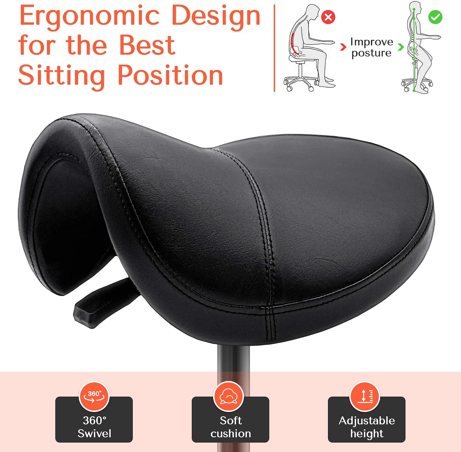 TASALON Wheeled Ergonomic Swivel Saddle Stool, Black