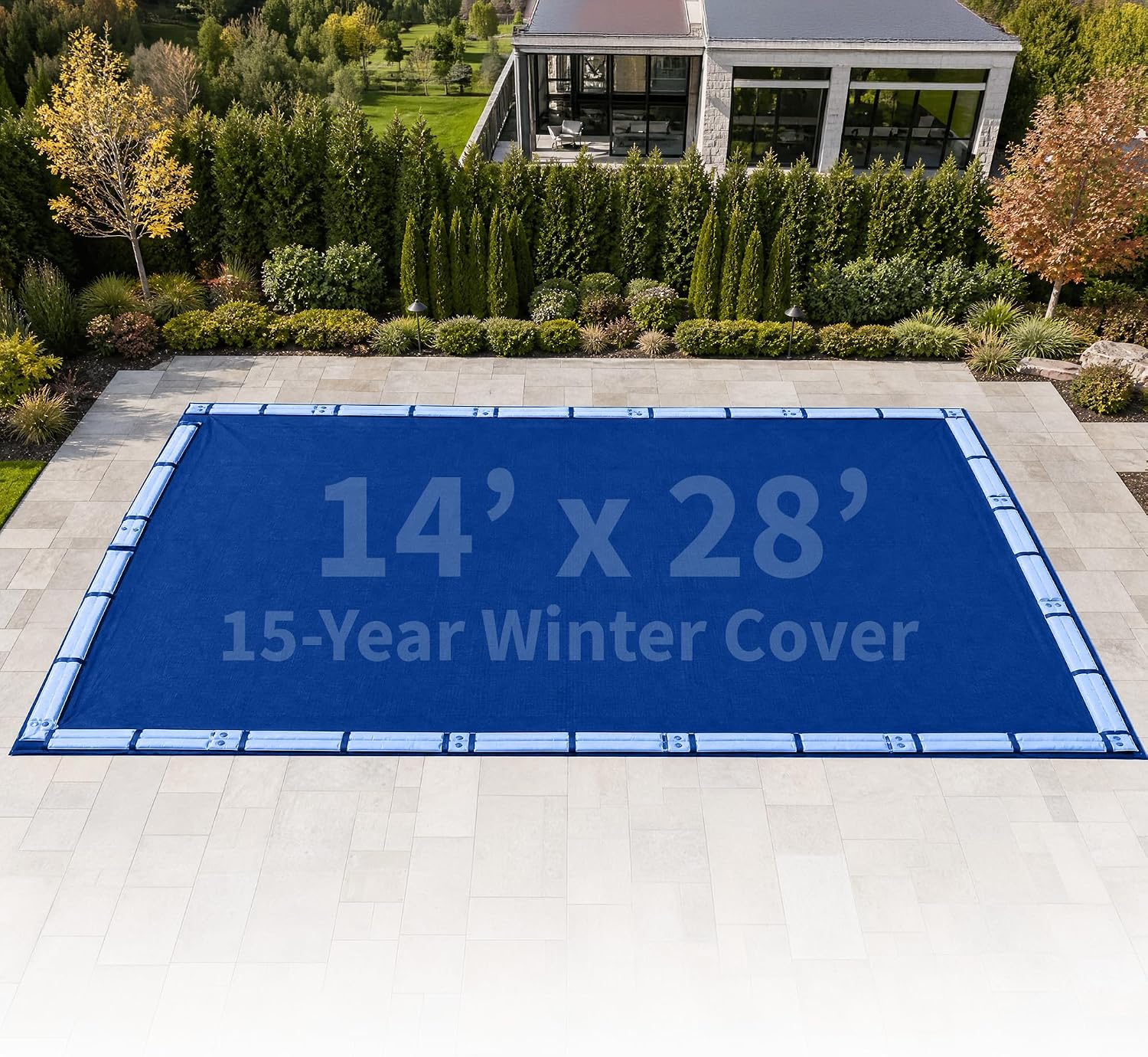 Blue Wave Arctic Armor 14x28-ft Rectangular In-Ground Pool Winter Cover | Solid polyethylene, black underside, heat-sealed seams, grommets, cable, winch, 5-ft overlap, 15-yr support, blocks debris