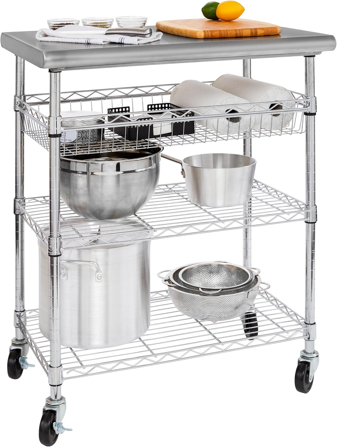 Stainless-Steel Commercial-Grade NSF-Certified Prep Table Cart, 24"W x 20"D | Heavy-duty durable utility workstation supports up to 450 lb w/ adjustable wire shelf and sliding basket on locking wheels