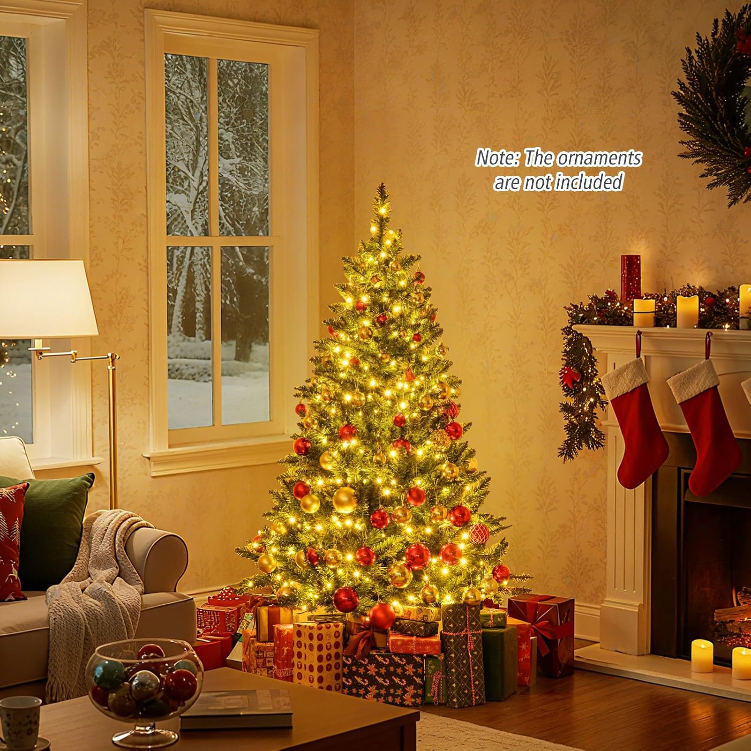 Goplus 7.5ft Pre-Lit Artificial Christmas Tree, Premium PVC Snow Flocked Hinged Pine Tree with Metal Stand and LED Lights