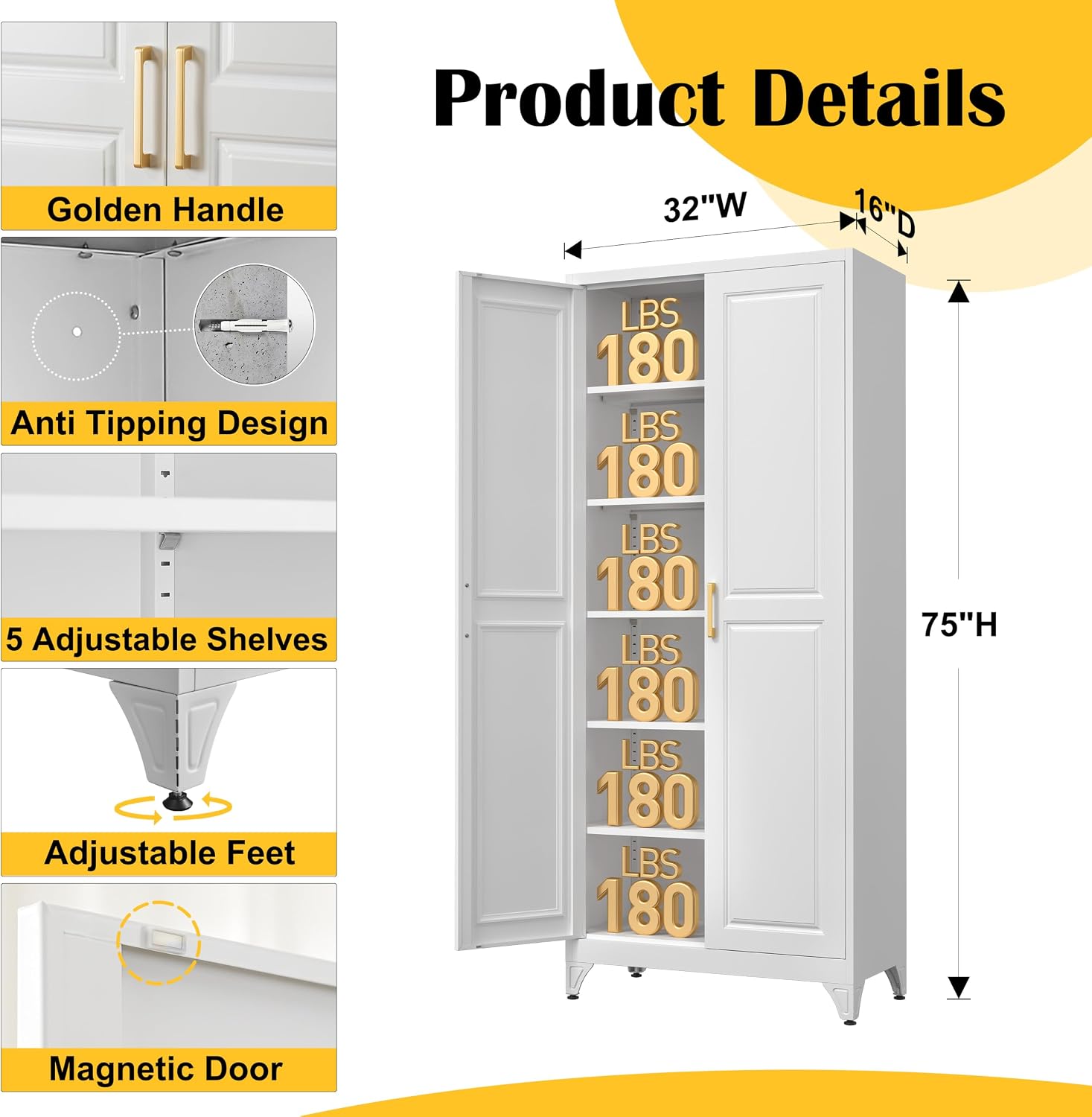 Steeloong 71"Metal Pantry Storage Cabinet with Doors & 4 Adjustable Shelves | Kitchen Pantry Cabinet,White Kitchen Cabinet with 2 Gold Handles,Tall Cabinet for Livingroom,Pantry, Bathroom,Kitchen
