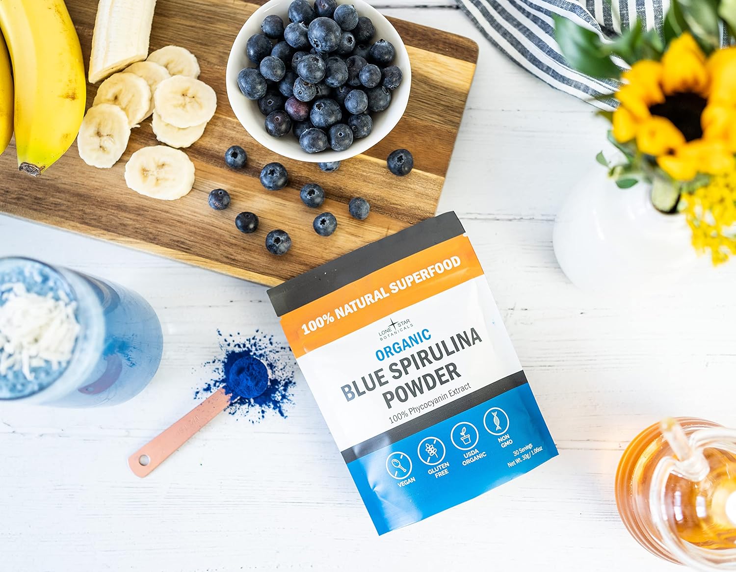 Lone Star Botanicals Organic Blue Spirulina Powder - 100% Pure Blue-Green Algae, No Fishy Smell, Vegan Superfood for Smoothies & Drinks, Non GMO
