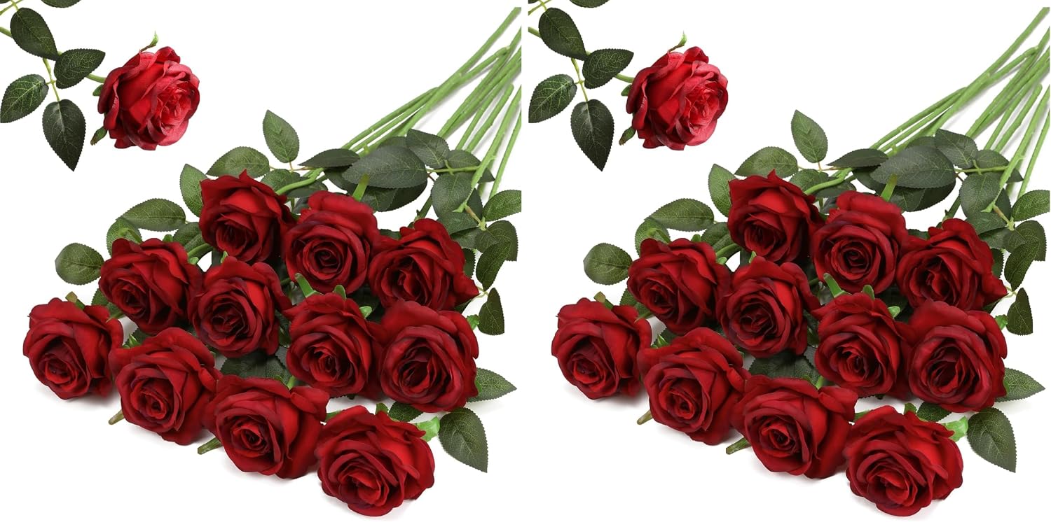 Hawesome 12PCS Artificial Silk Flowers Realistic Roses Bouquet Long Stem for Home Wedding Decoration Party (Yellow, 6 Flowers 6 Buds)