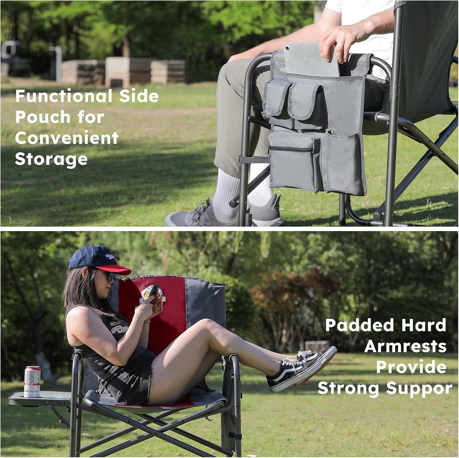 Colegence Oversized Directors Camping Chair for Adults, 600 lb, Black | Heavy duty folding outdoor chair with 28" wide seat, supportive back, side table, cup holder and detachable storage pocket