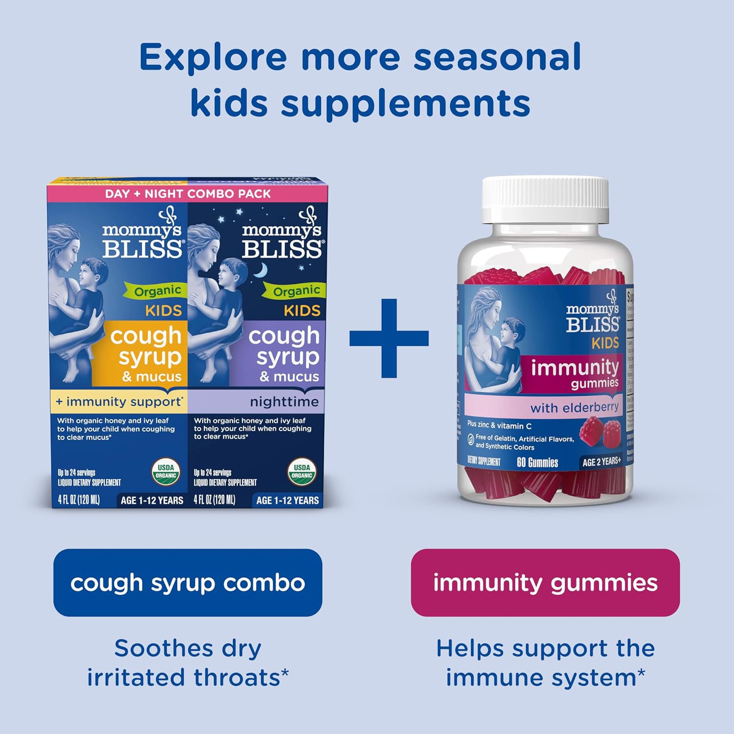 Mommy's Bliss Organic Elderberry Syrup & Immunity Boost With Vitamins, Prebiotics & Echinacea for Kids & Adults 1 yr+, 3 Fl Oz