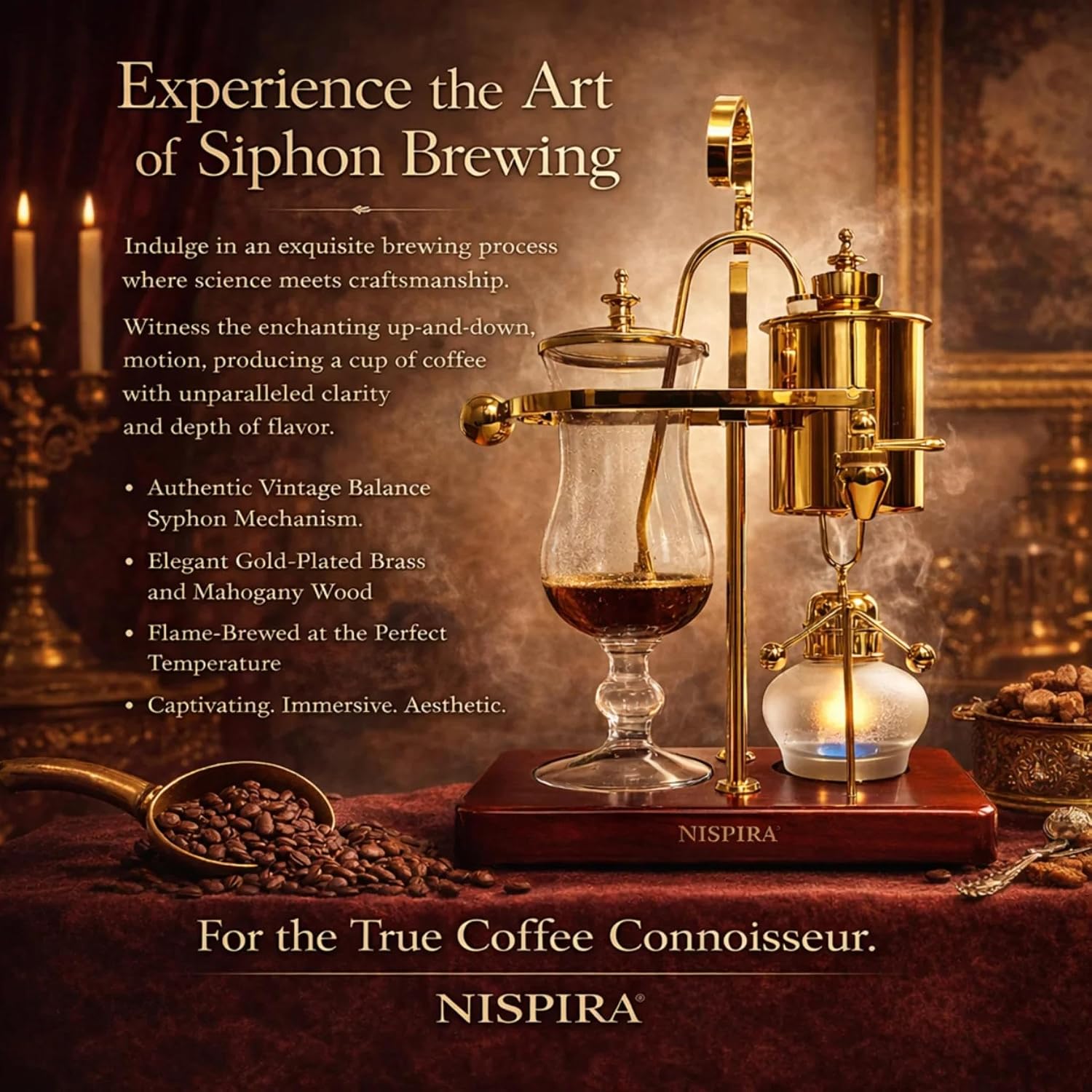 Nispira Belgium Royal Family Balance Syphon Unique Gravity Vintage Coffee Maker Vacuum Brewing System Gold 500 ml