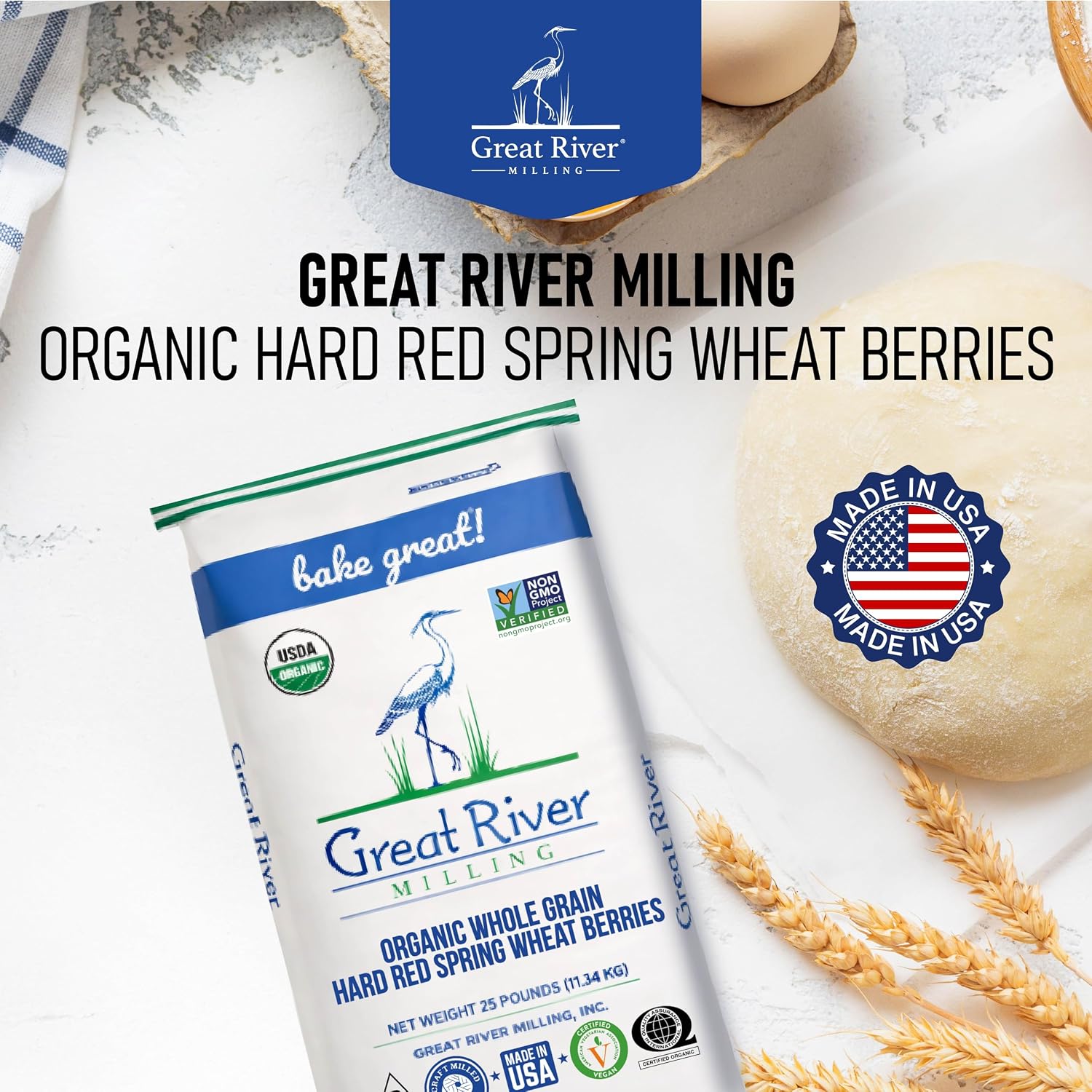 Great River Milling Organic Hard Red Spring Wheat Berries, Non-GMO, 25 lb | Organic Hard Red Spring Wheat Berries for home-milled bread flour, sourdough, sprouting, salads, pilaf and grain bowls