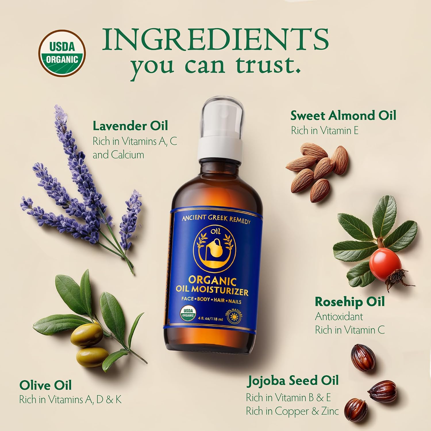 Organic Body & Face Oil for Dry Skin, Hydrating After Shower Moisturizer | Lightweight Nourishing Facial & Body Oil, Natural Cold-Pressed Almond, Olive, Jojoba, Rosehip & Lavender Oils, Vitamin E