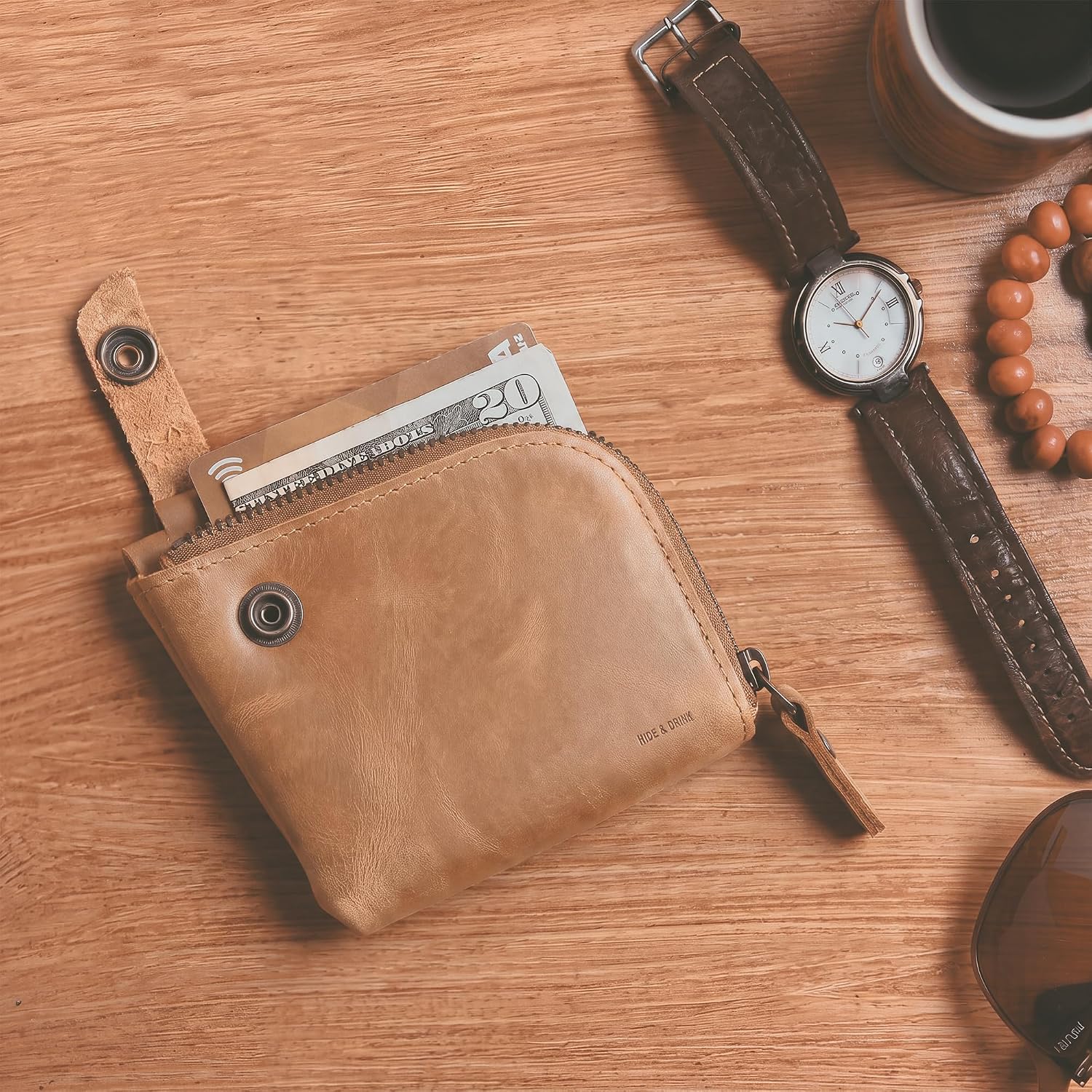 Hide & Drink, Leather Zippered Wallet, Holds Up to 6 Cards Plus Folded Bills, Pouch Organizer, Cash Holder, Travel Essentials, Mini, Pocket-Size, Handmade (Bourbon Brown)