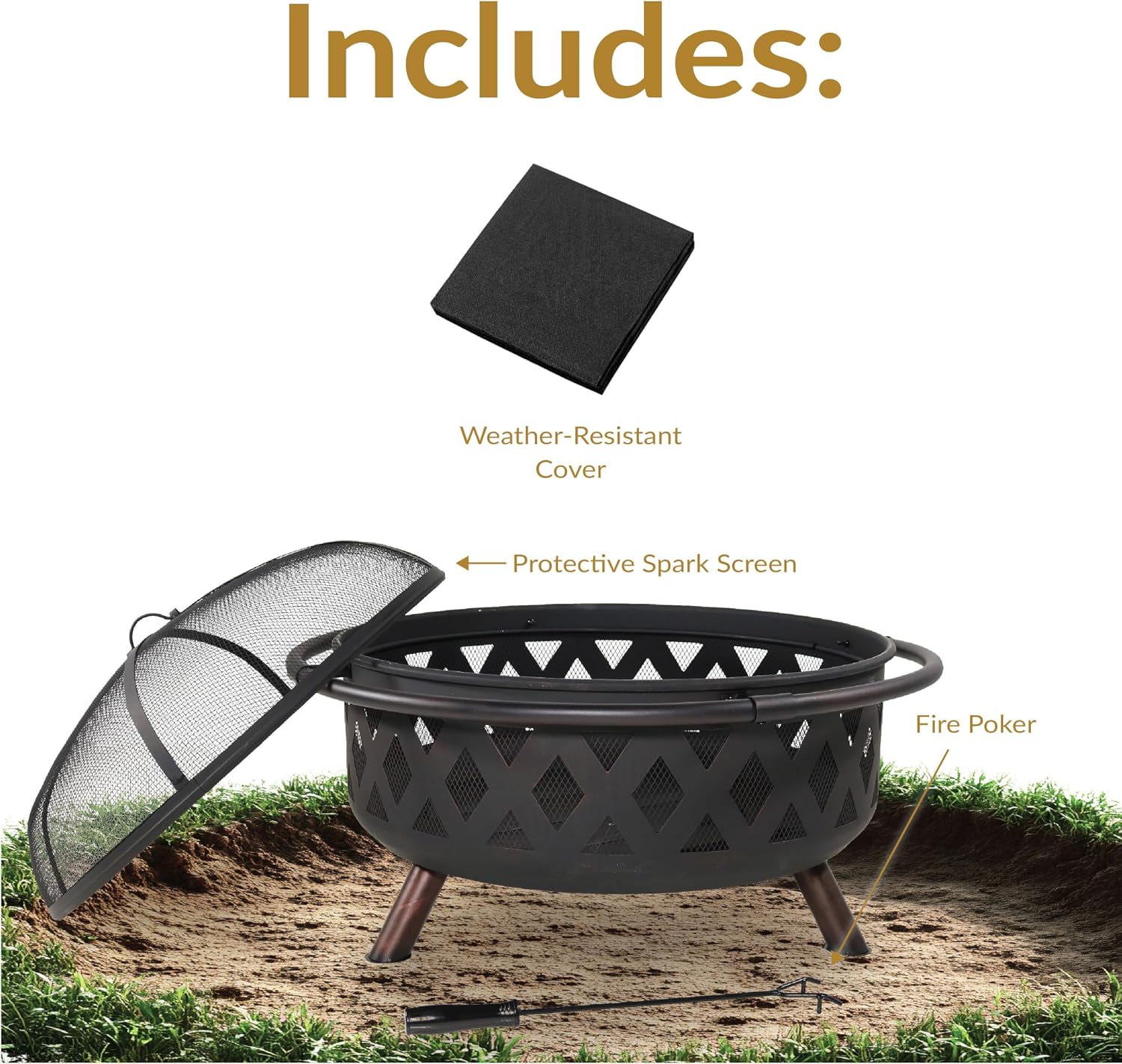 Sunnydaze Crossweave Large Outdoor Fire Pit, Wood Burning, Round, 36" | Black, Heavy Duty Steel Metal, Patio Fire Pit with Spark Screen, Poker, & Cover, Wood Firepit for Outside, Backyard, or Deck
