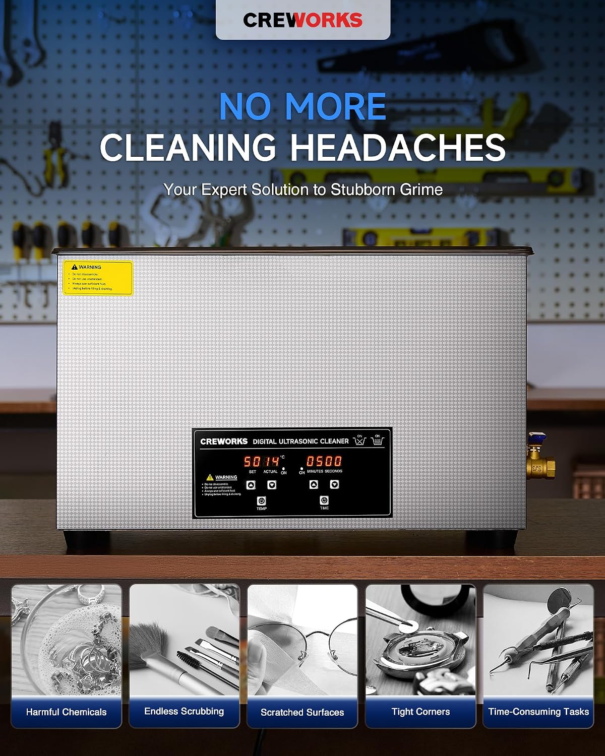 CREWORKS 3L Ultrasonic Cleaner, 0.8 gal Digital Sonic Cavitation Machine | 120W Stainless Steel Professional Jewelry Cleaner for Cleaning Tool Watch Glasses Retainer Denture Parts with Heater & Timer