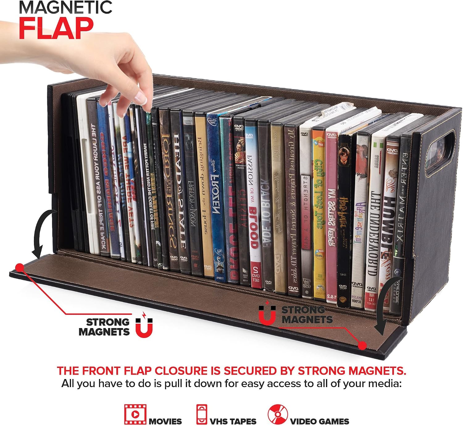 Stock Your Home DVD Storage Box, Movie Shelf Organizer for Blu-Ray, Video Game Cases, CDs, VHS Tape Display Stand, Disc Holder Can Store Up to 28 DVDs, Faux Leather (Espresso)