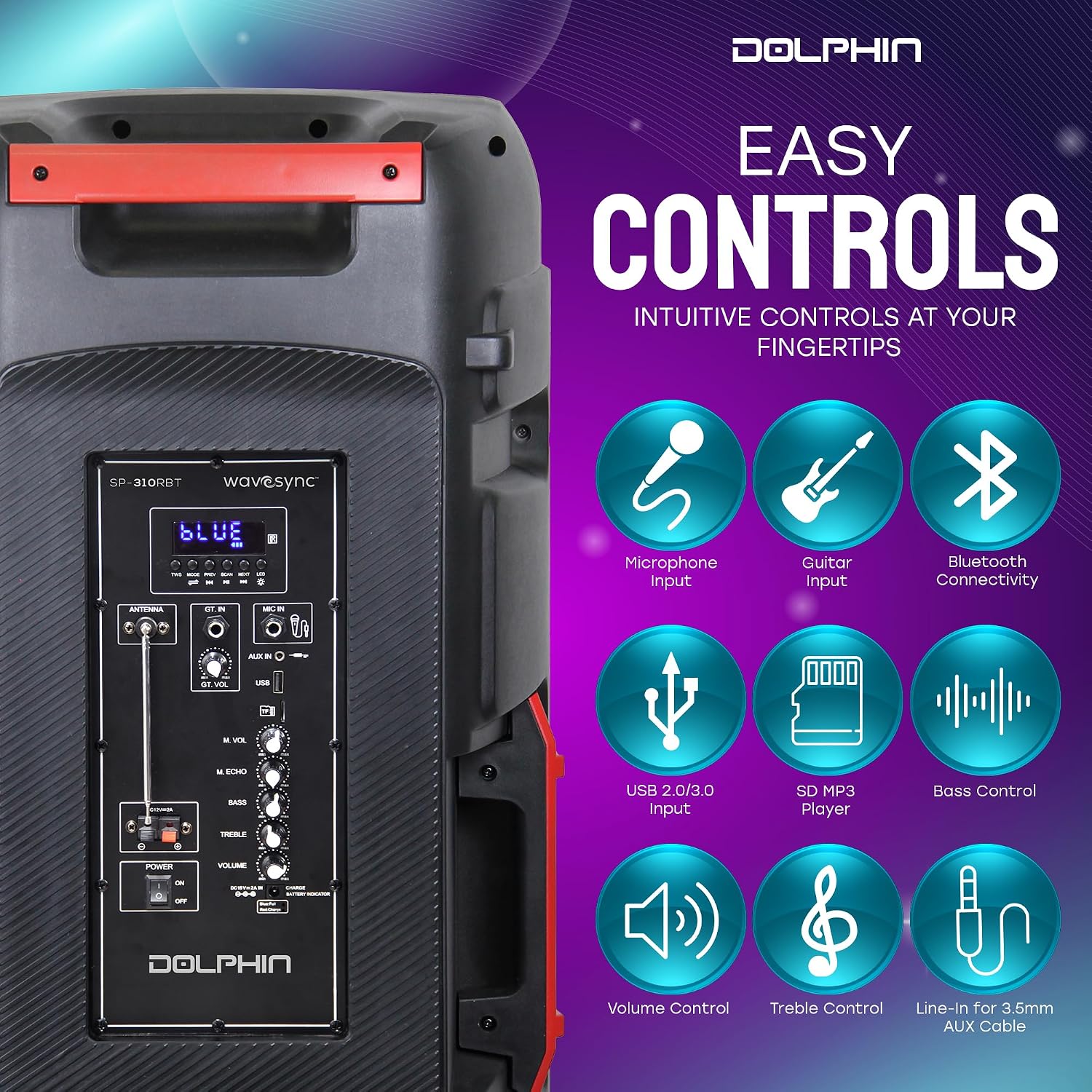 Dolphin Bluetooth Party Speaker with Wireless Mic, Triple 10" Woofers | 120W Output, LED & Strobe Lights, USB/TF/FM/AUX, Guitar & Mic Inputs