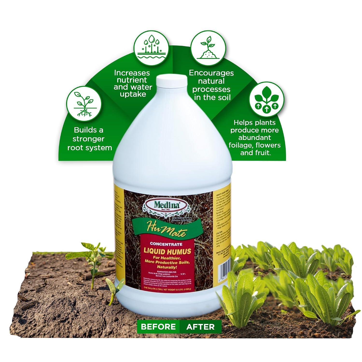 Medina Humate Humic Acid for Plants, 1 Gal, Concentrated Liquid Compost | Humic Acid for Lawn, Enhance Plant Growth, Moisture Retention, Nutrient Absorption, Humates for Soil, Covers 8000 Sq. Ft.