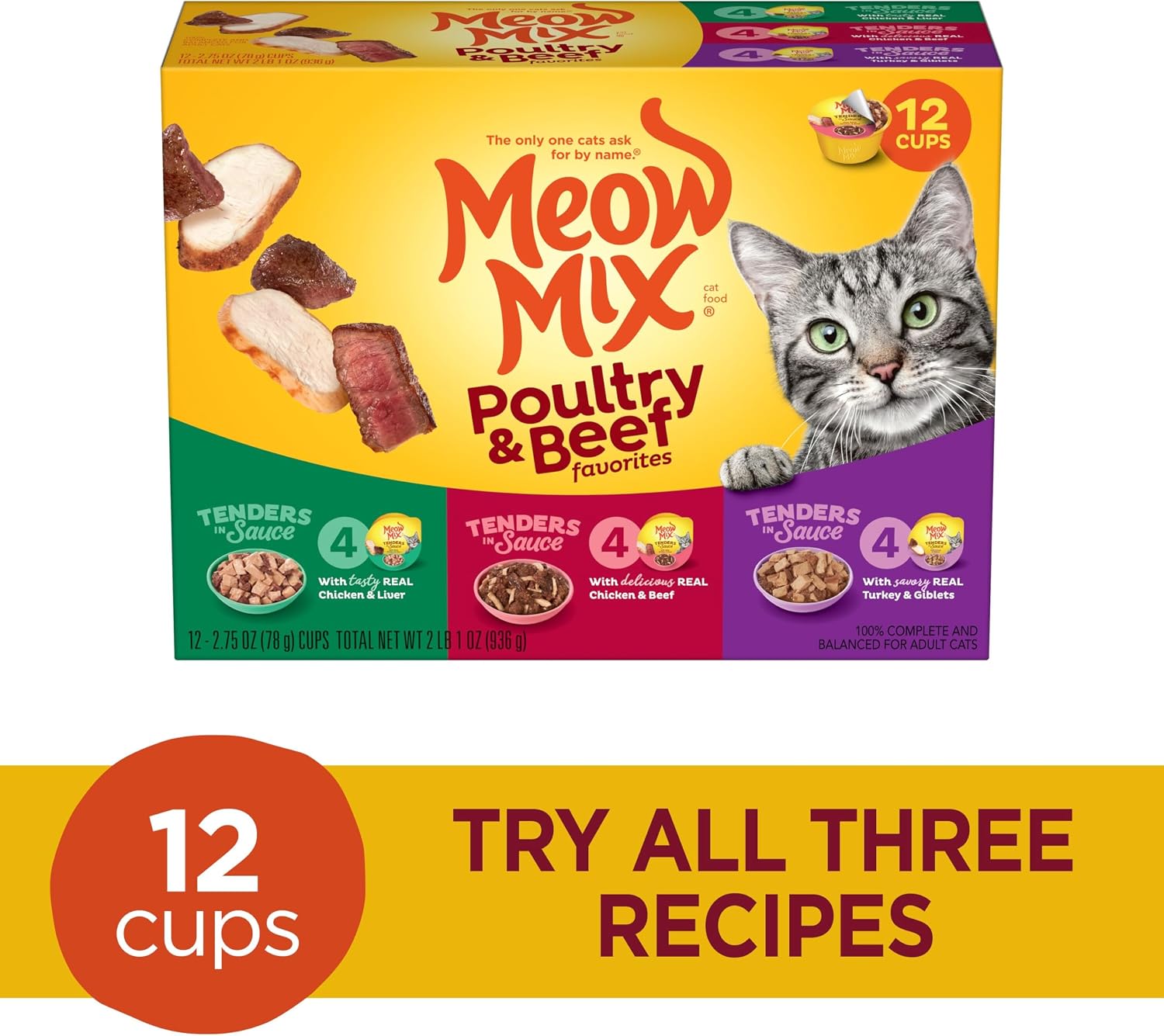 Meow Mix Tenders in Sauce, Wet Cat Food with Tuna & Whole Shrimp, 12 Cups