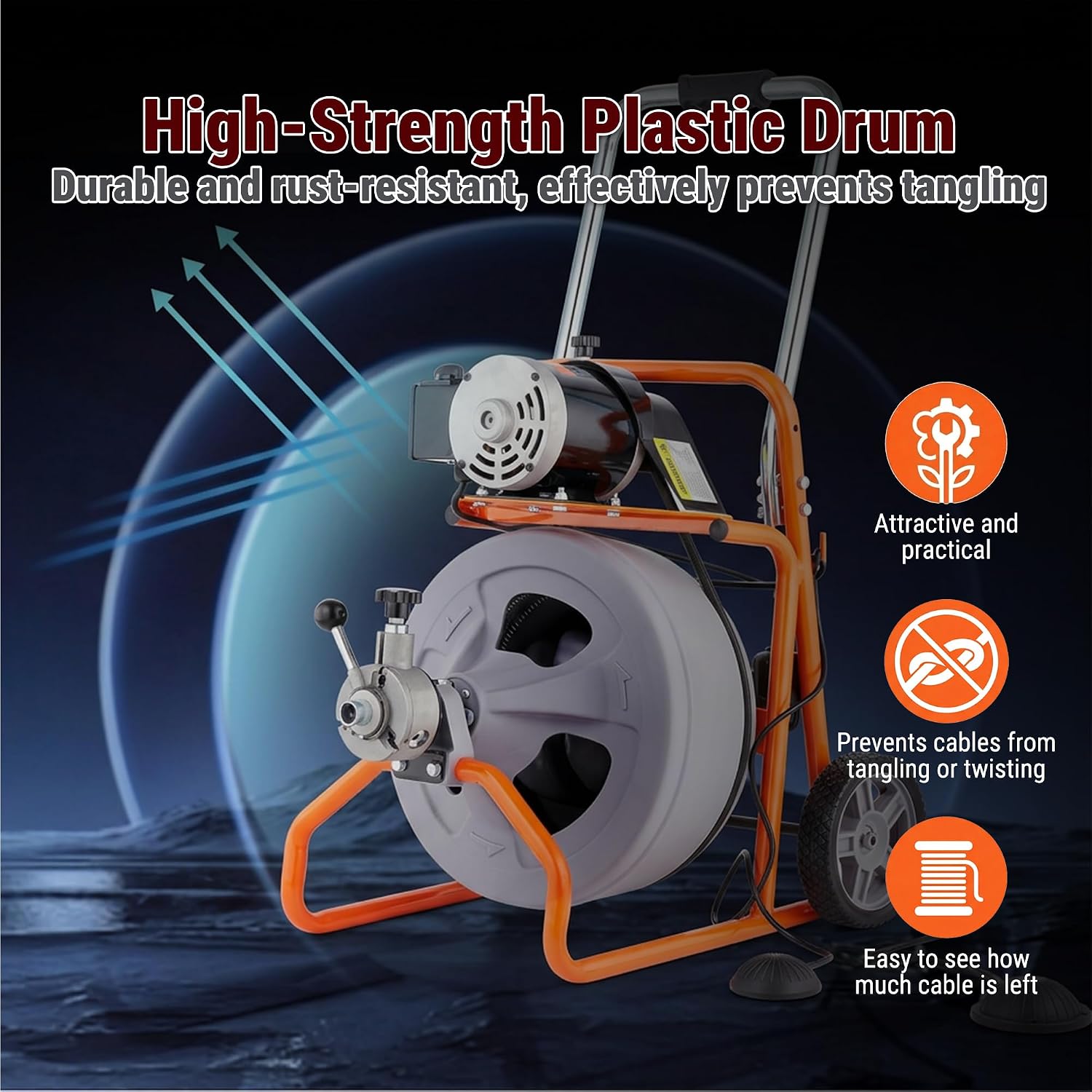 HoldwellS 50FT x 5/16 Inch Drain Cleaner Machine, Electric Drain Auger for 3/4"-3" Pipes, Sewer Snake Auger with 4 Cutters & Pneumatic Foot Switch