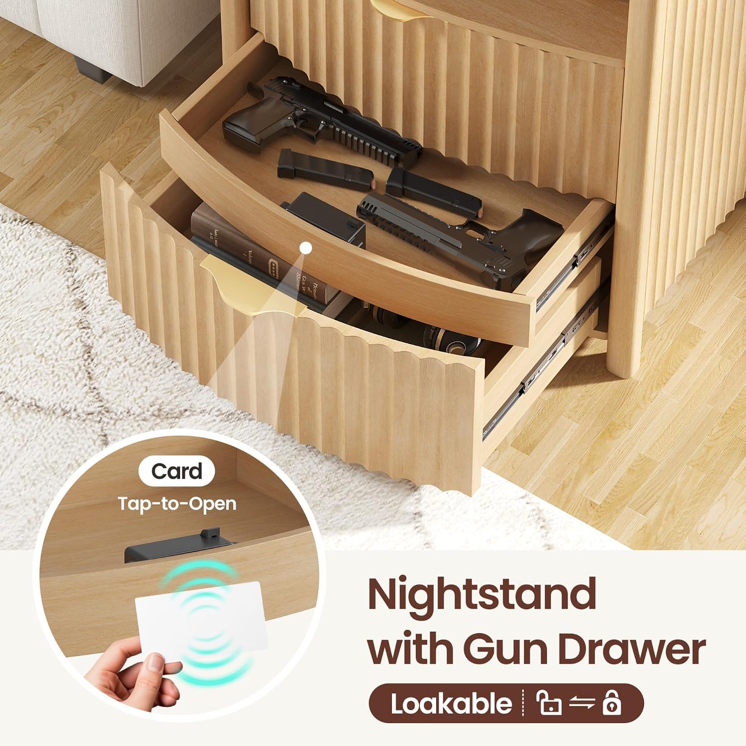 Dystler Fluted LED Night Stand with Hidden Gun Drawer & Charging | 19.7" W Curved Smart Bedside Table, 3-Color LED lights, 2 Drawers, Nightstand with Card-Lock, End Table for Bedroom, Walnut