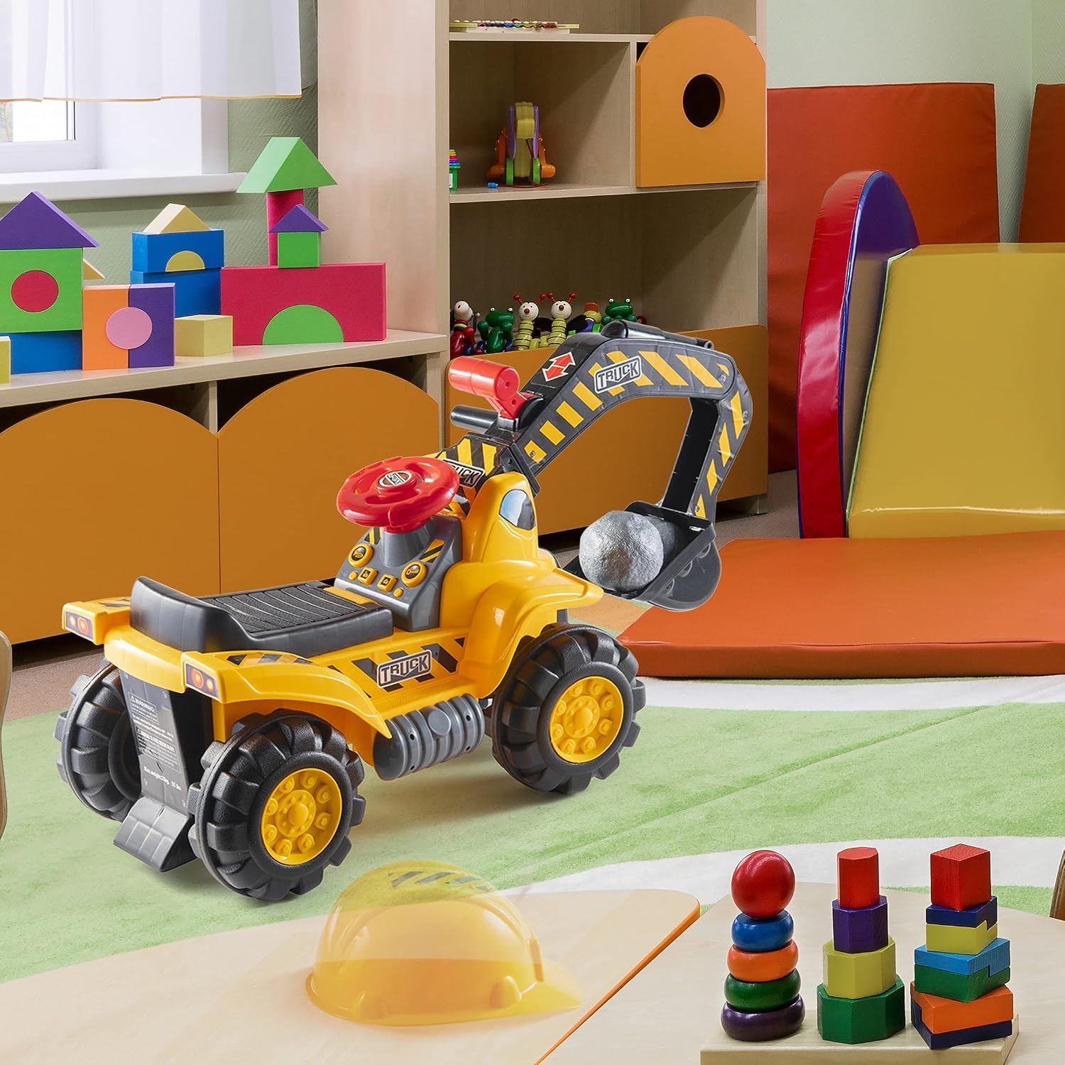 Play22 Toy Tractors for Kids Ride On Excavator - Music Sounds Digger Scooter Bulldozer Includes Helmet with Rocks - Pretend Play - Toddler