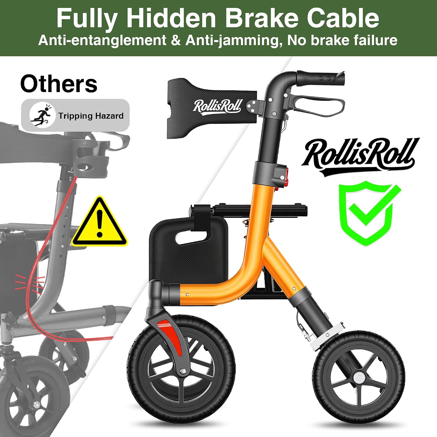 Walkers for Seniors, Rollator Walker with Seat, 10" Big Rubber Wheels All Terrain Rolling Walker, Lightweight Foldable Rollator Walker, Built-in Cable, Reinforced Aluminum Frame, Orange