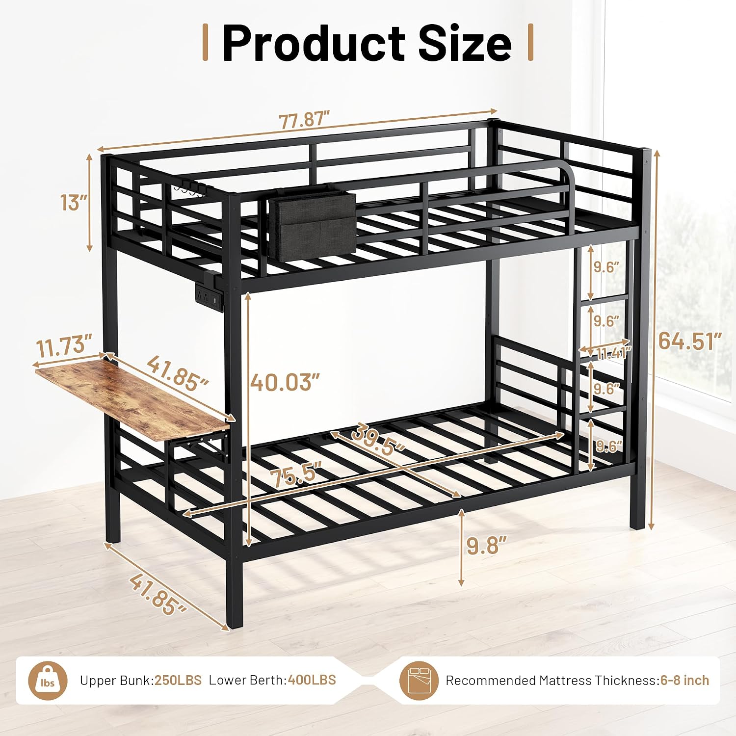 Twin XL Bunk Bed with Foldable Desk, LED Lights & Charging Station, Black | Upper Bunk Storage & 2 Drawers, Safety Guardrails with 4 Hooks, Space-Saving Design for Kids and Teens