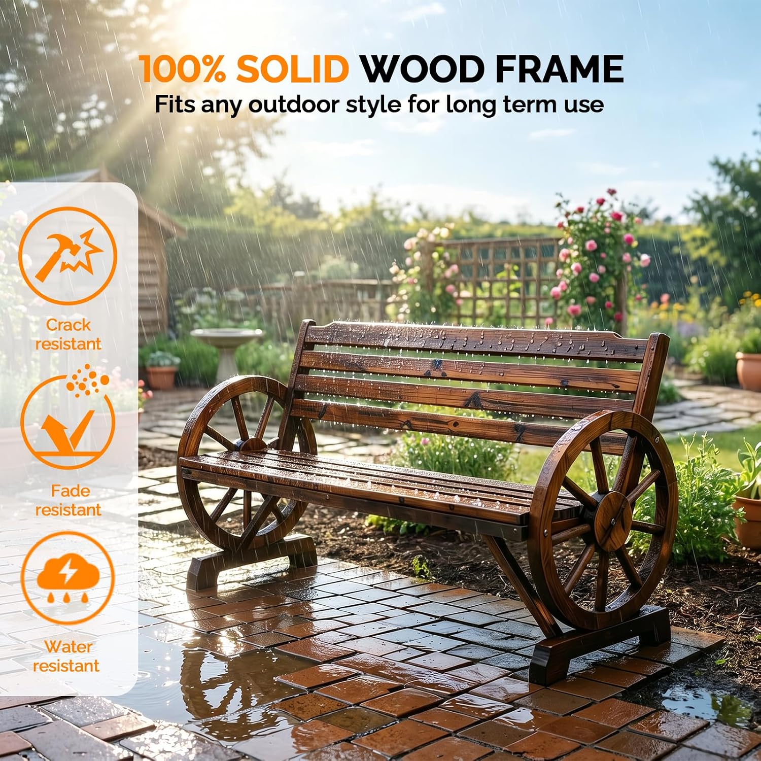 VINGLI Rustic Wooden Wheel Bench Outdoor Bench, Patio Bench Wagon Slatted Seat, Garden Benches for Outdoors 350lbs High Capacity