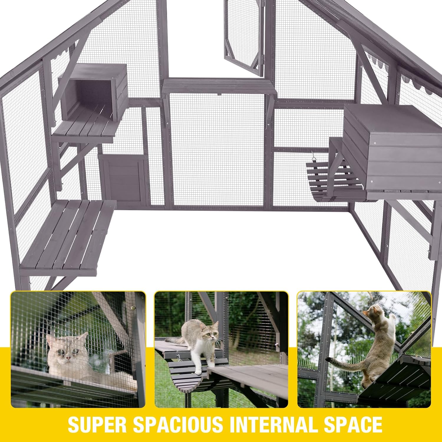 Aivituvin Cat House Outdoor Cat Catio Wooden Large Enclosure with Run on Wheels 70.9" Upgraded Version Catio with Reinforcement Strip