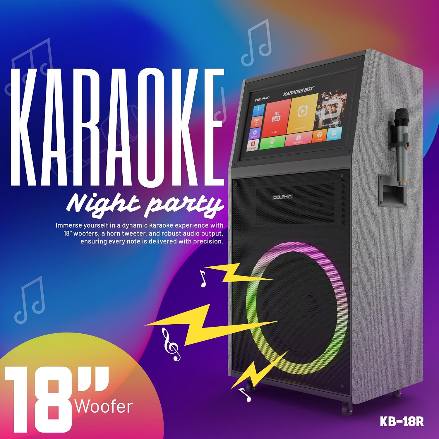 Dolphin Karaoke Machine with 2 Wireless Microphones, 18" Woofer | 18.5" Touchscreen, Android 12, Bluetooth, HDMI, USB, TF, AUX & FM Inputs
