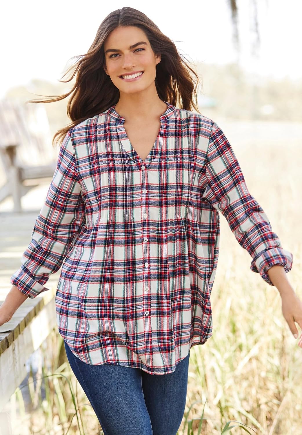 Woman Within Pintucked Flannel Shirt