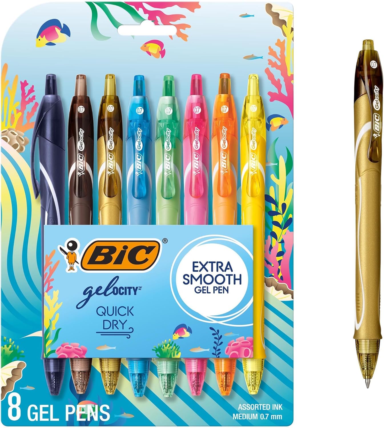 BIC Gelocity Quick Dry Gel Pens, Medium Point, 0.7 mm, 8-Count Pack | Full-Length Comfort Grip, Smudge-Resistant Quick Dry Ink, Ideal for School Supplies and Color-Coding Notes