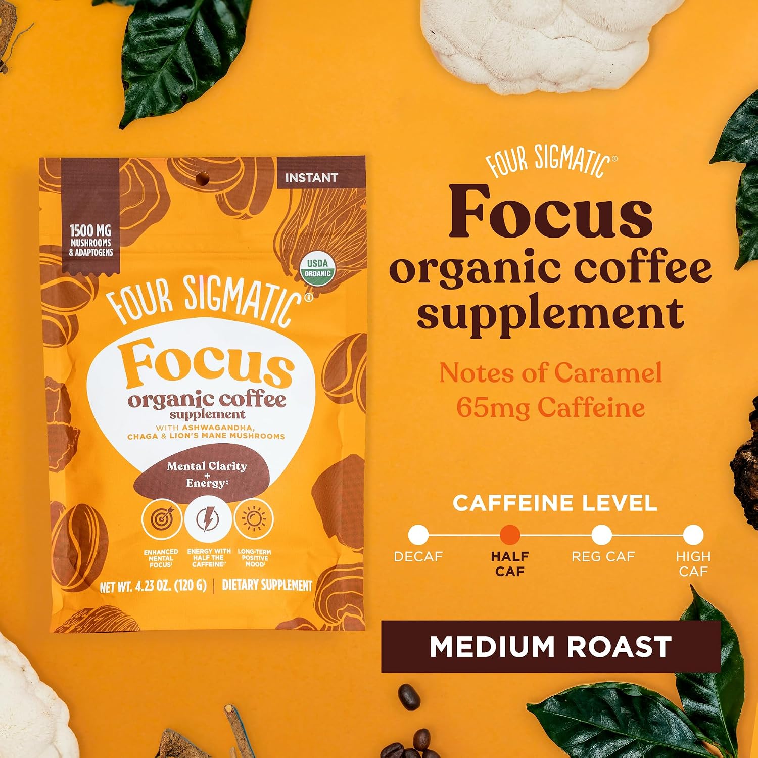 Four Sigmatic Organic Instant Coffee Powder | Mushroom Coffee Instant Mix with Cordyceps, Chaga and Eleuthero for Better Focus and Immune Support | 10 Packets