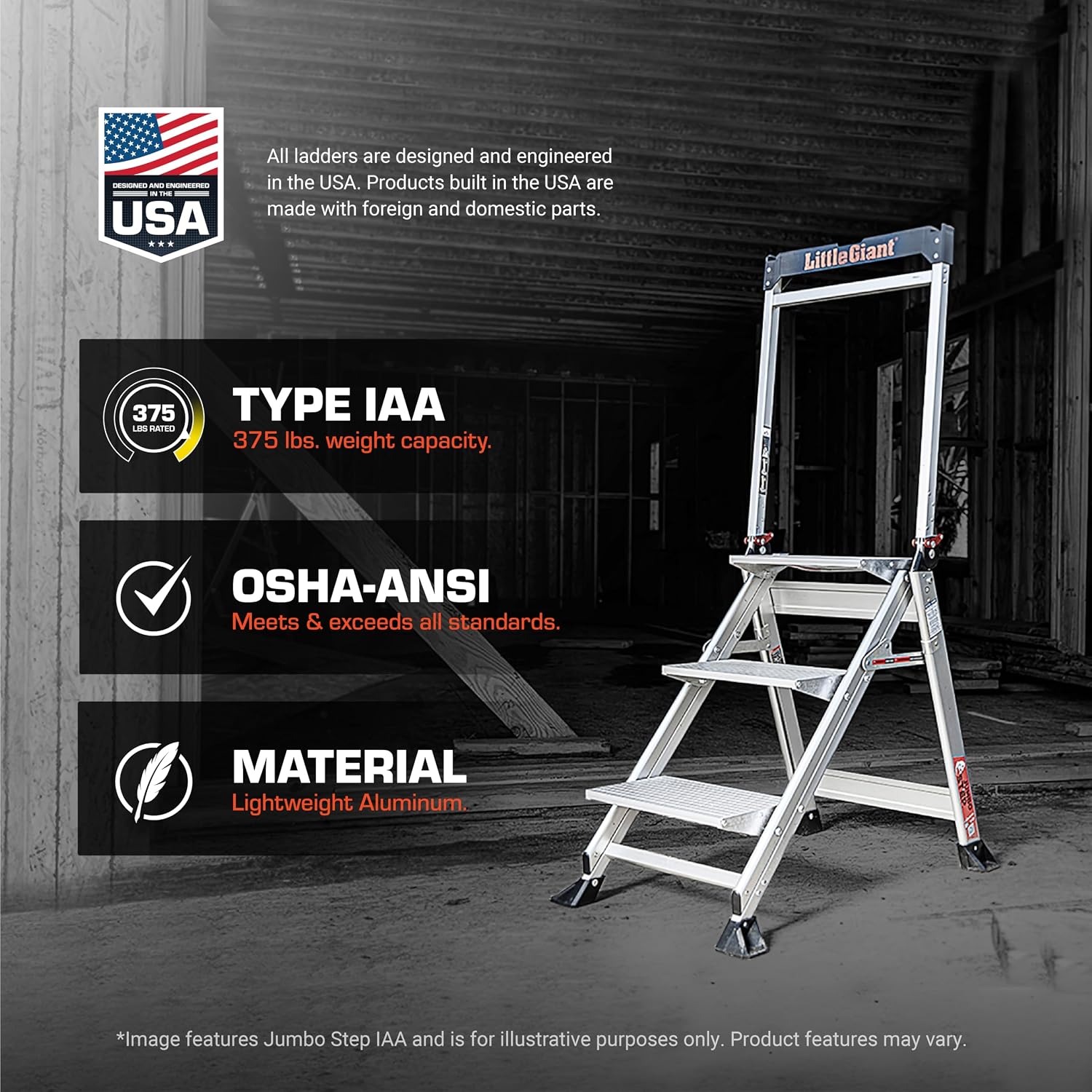 Little Giant Jumbo Step 3-Step Foldable 2.2 ft Aluminum Stool, 11903 | Foldable Aluminum Step Stool, Extra-Wide Stair-Like Treads, Rotating Handrail, Tool Tray, 375 lbs. Weight Capacity