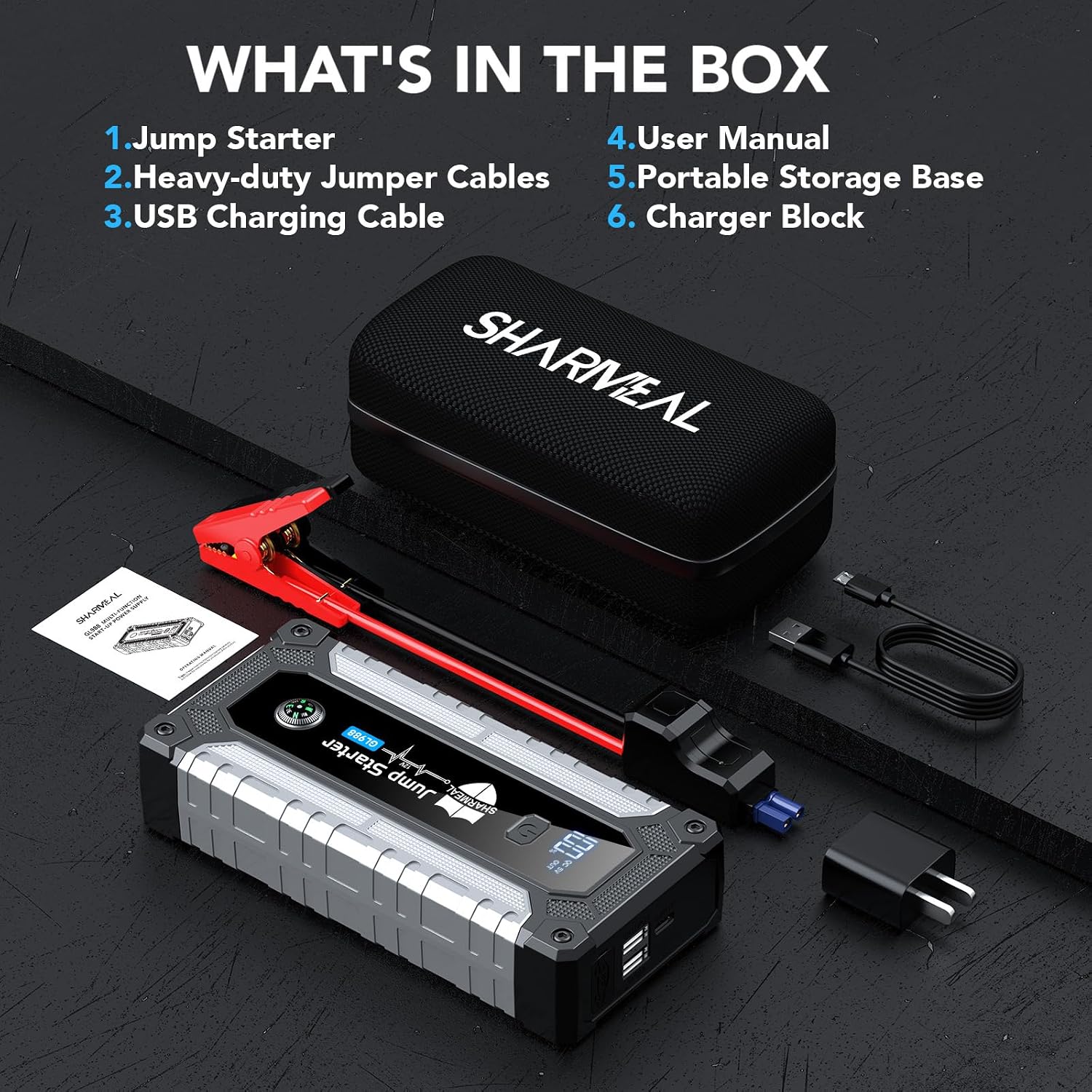 6000A Jump Starter, Portable Jump Starters 12V Car Battery Booster Jump Box Pack for All Gas & 10.0L Diesel Engines with 3 Modes Flashlight and Jumper Cables