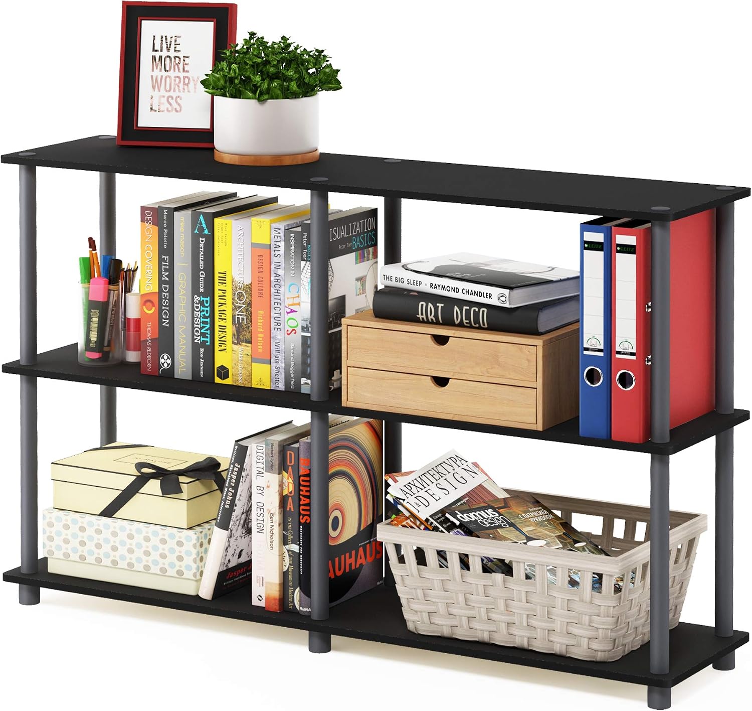Furinno TURN-N-TUBE Storage Shelves, 3-Tier 47.4 Wide Book Shelf, Corner Shelf, Toolless Open Shelves, for Organization and Storage, Living Room, Garage, Home Office, Black