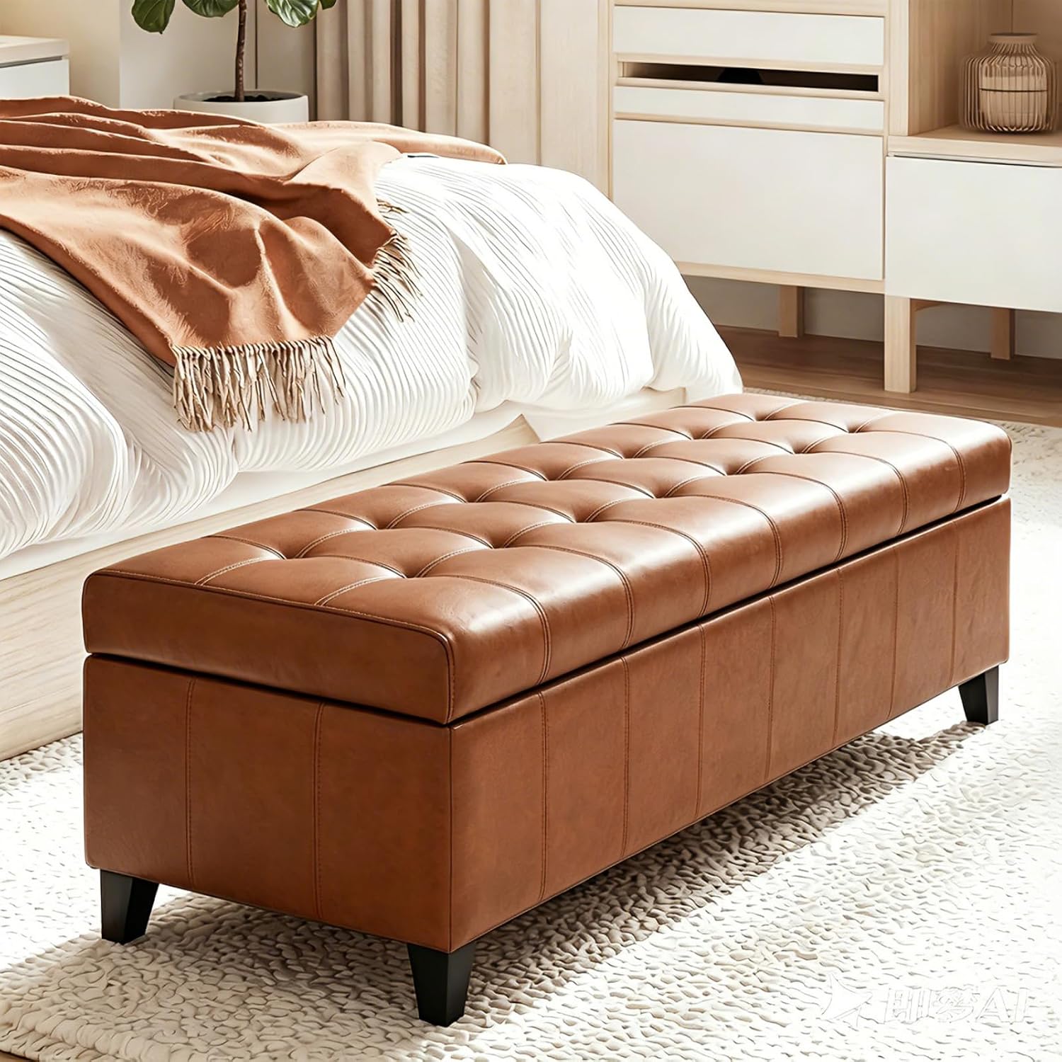 51 Inch Storage Bench,Leather Tufted Storage Ottoman with Legs | Safety Hinges,Wooden Legs,Upholstered,End of Bed,Bedroom,Living Room,Entryway,330LBS,Brown