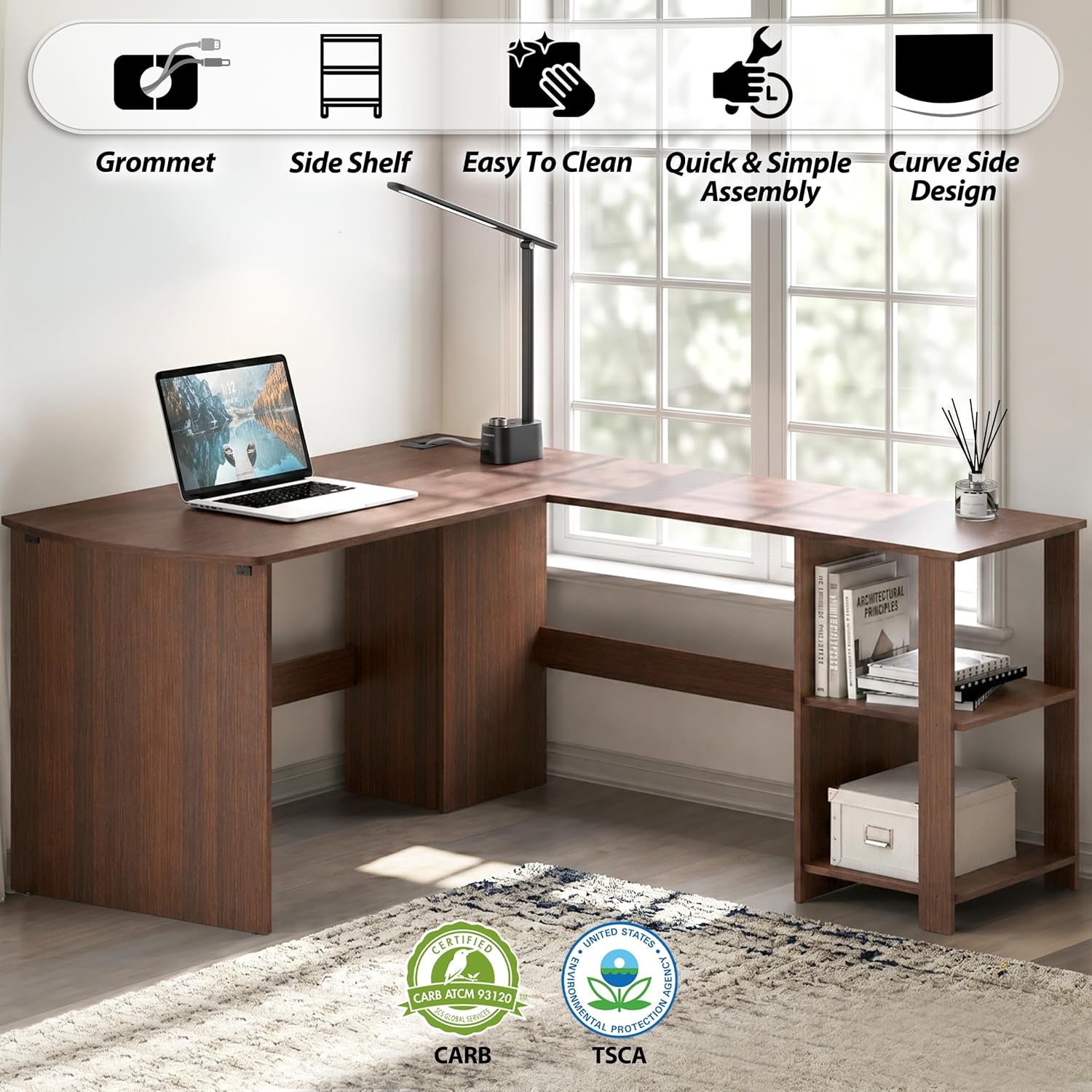 SHW 51 x 51 L-Shaped Home Office Wood Corner Desk with Storage, Espresso | Integrated Book Shelves