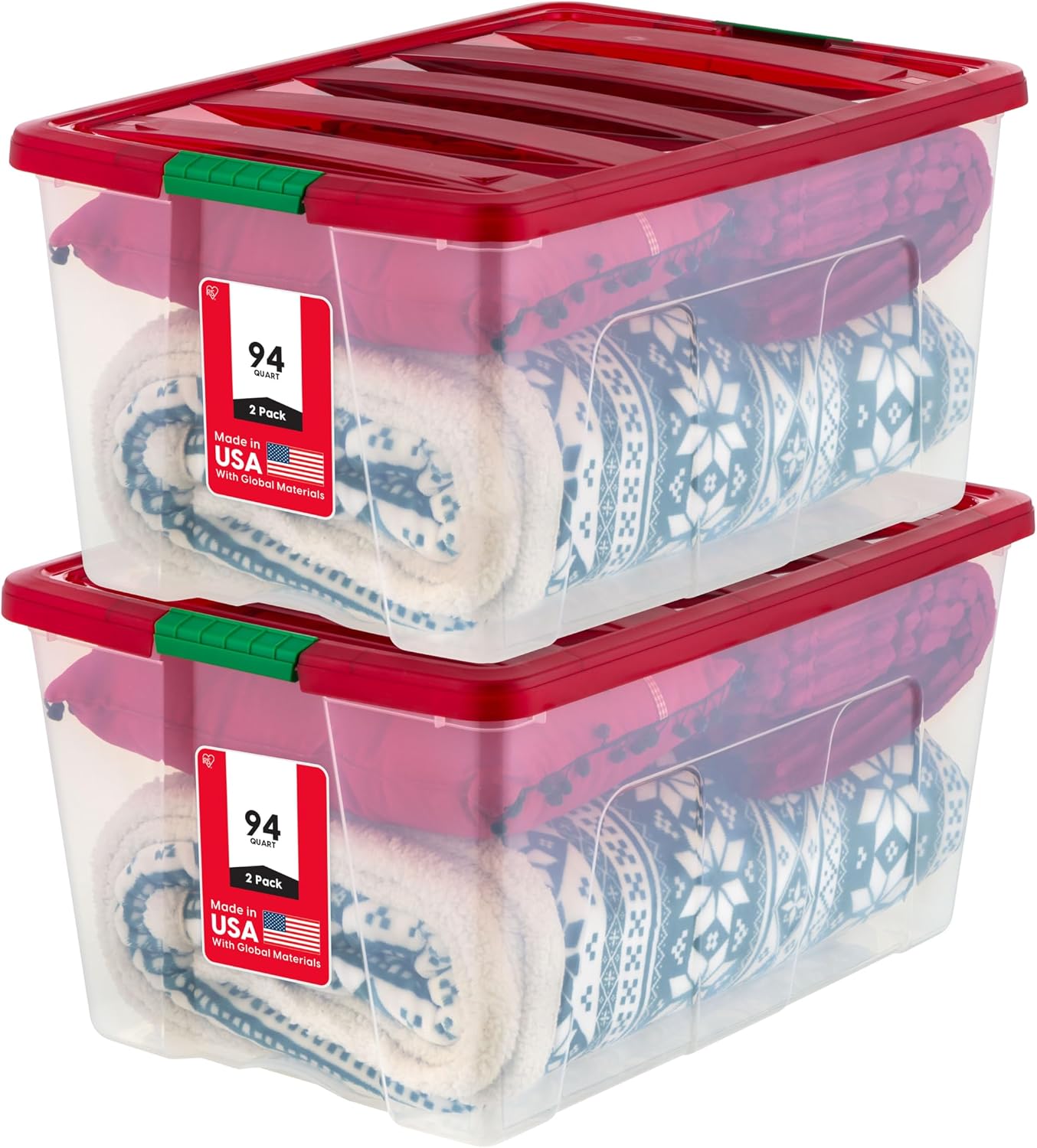 IRIS USA 2-Pack Holiday Ornament Storage Box with Attached Lid, Clear/Red