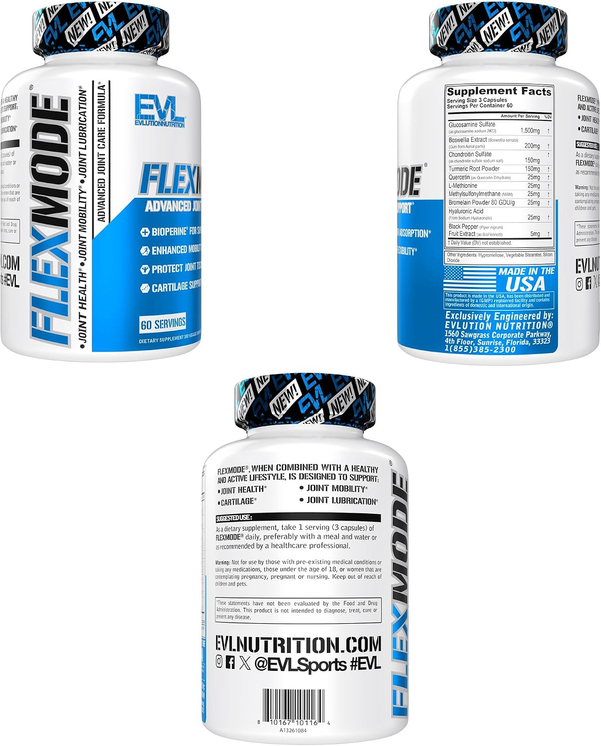 EVL FlexMode Joint Support with Glucosamine & Chondroitin - 30 Servings | Advanced joint formula with MSM