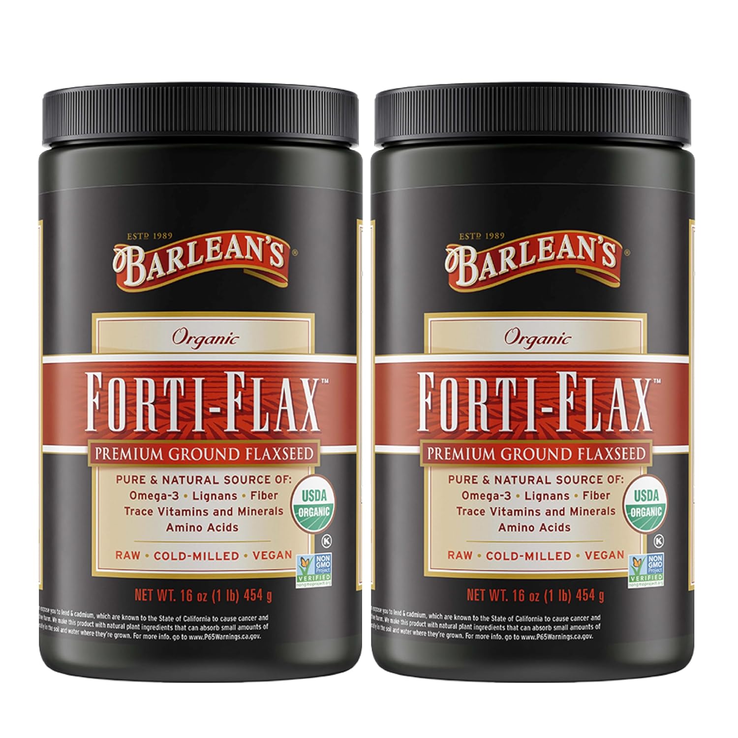 Barlean's Forti-Flax Organic Ground Flaxseed, Omega-3 Fiber, 16oz, 2-Pack | Ground whole raw flax seeds, Lignans, ALA omega-3, Fiber, Non-GMO, Vegan, For smoothies, baking, oatmeal & yogurt
