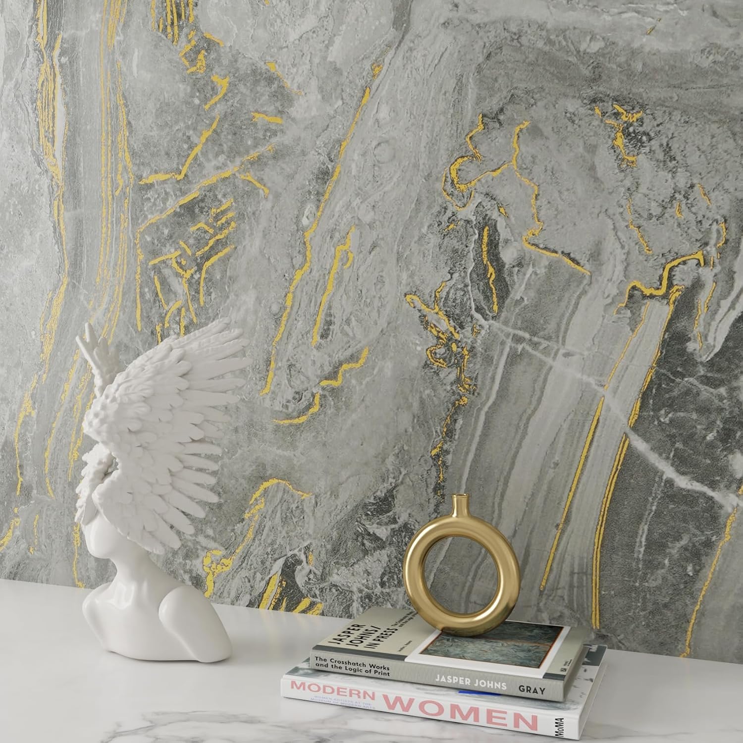 Yenhome Marble Countertop Contact Paper Waterproof Beige Gold Grey Marble Contact Paper for Countertops 17.7"X118" Self Adhesive Marble Wallpaper for Kitchen Matte Peel and Stick Countertop Wrap Vinyl