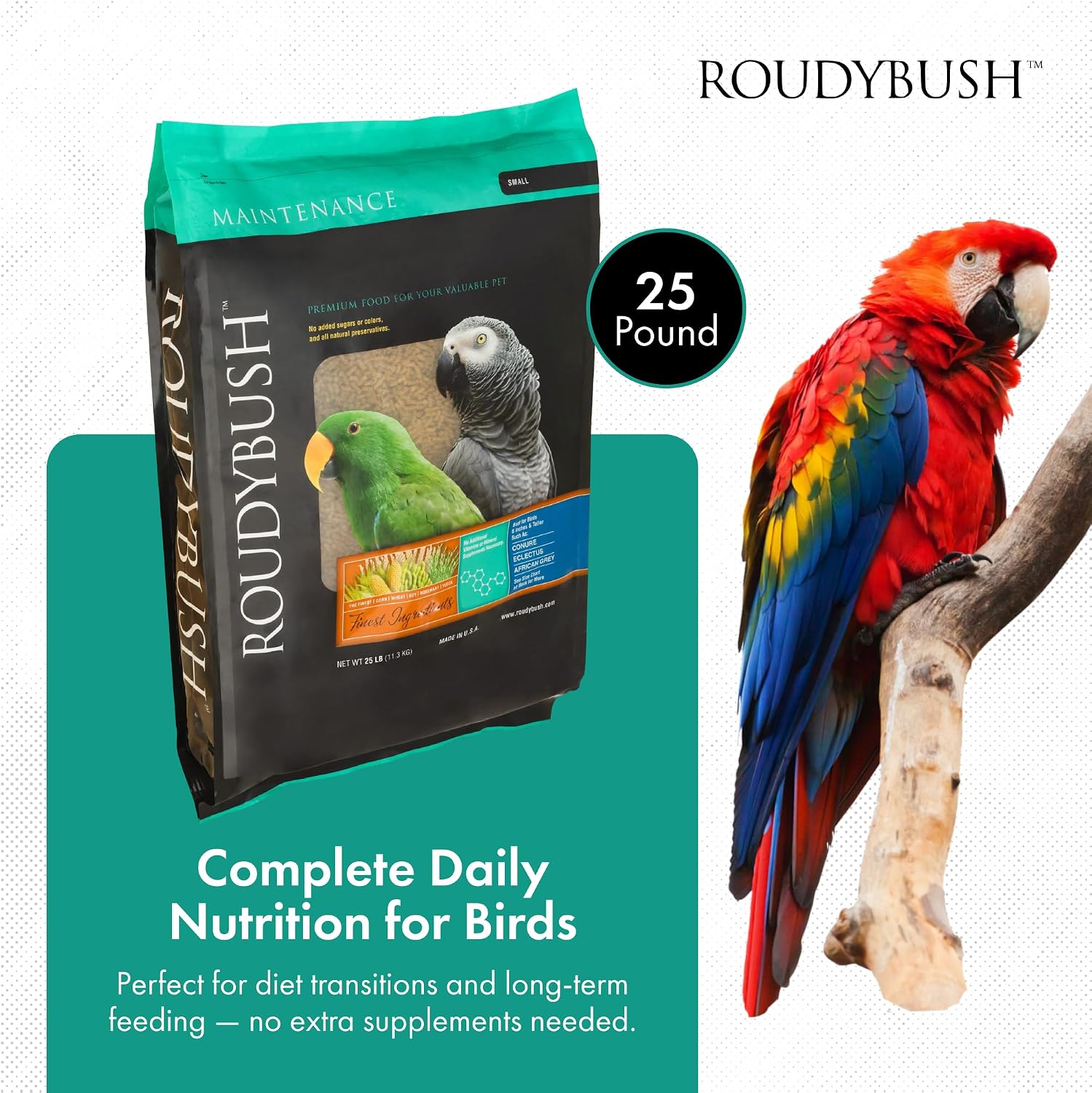 RoudyBush Daily Maintenance Food for Birds - Scientifically Formulated Bird Feed - Bird Food Pellets w/Corn, Wheat, Soy & More - Nutritious & Healthy Feed for Birds (Mini, 44oz)