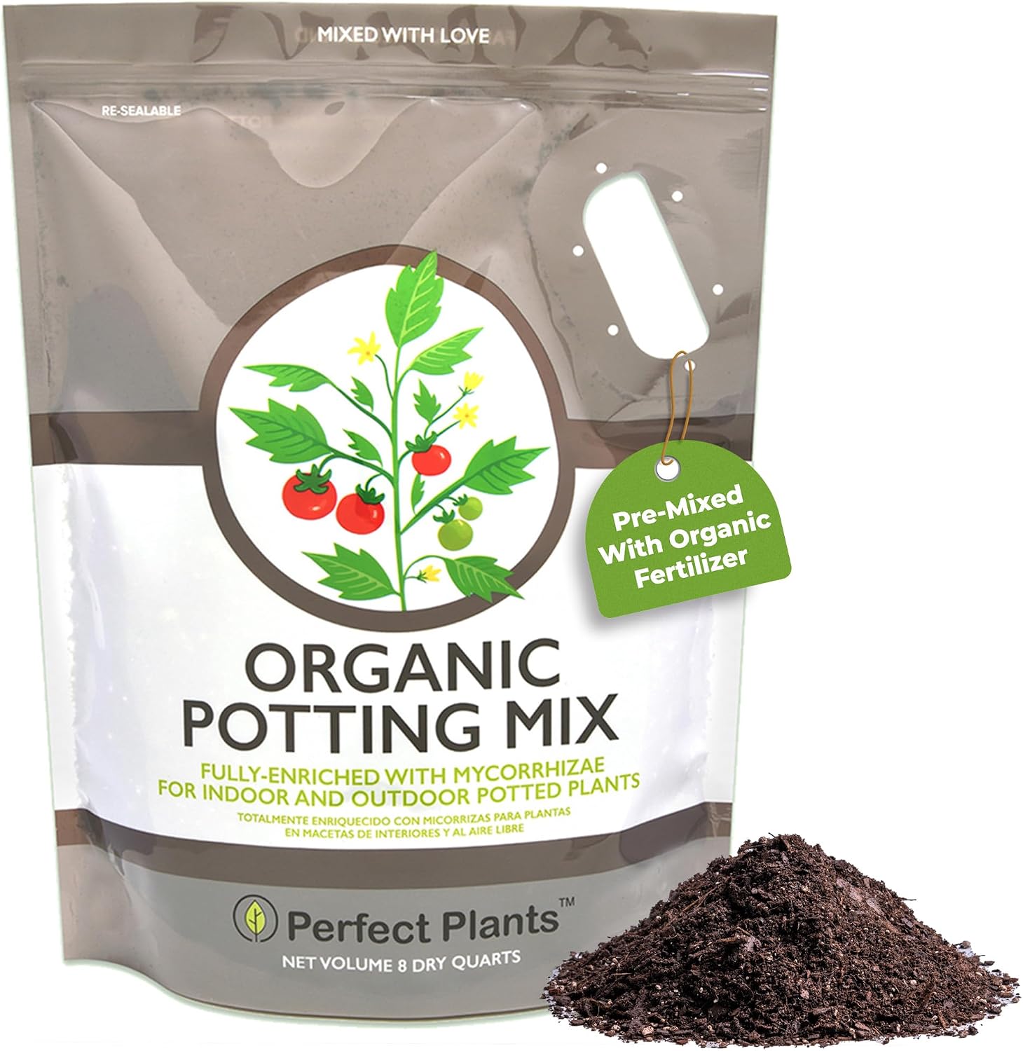 Perfect Plants Organic Potting Soil, 8 qt, Indoor Outdoor Mix for Veggies | Coconut coir, peat and perlite with mycorrhizae and worm castings